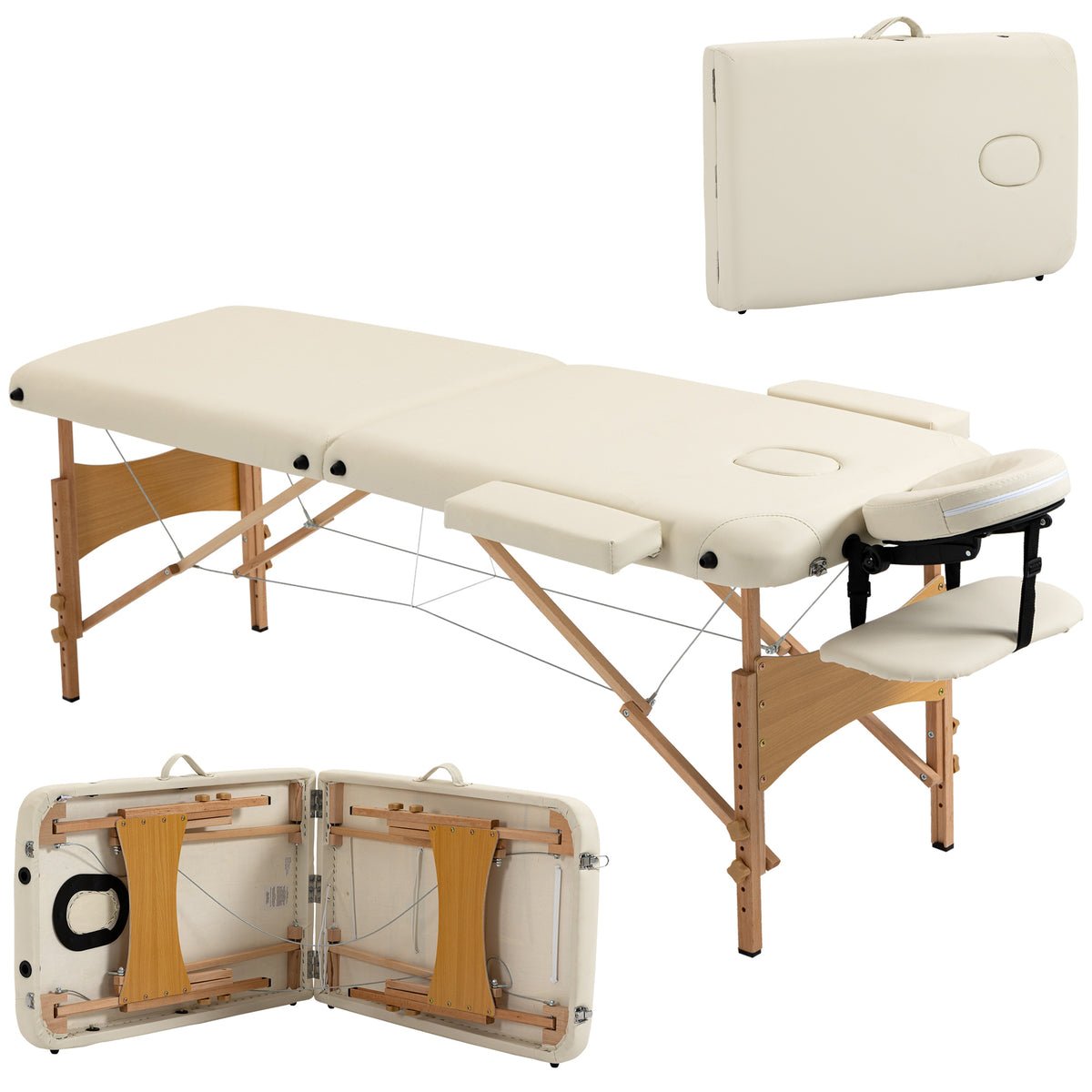 HOMCOM Portable Massage Bed, Folding Spa Beauty Massage Table with 2 Sections, Carry Bag and Wooden Frame, Cream