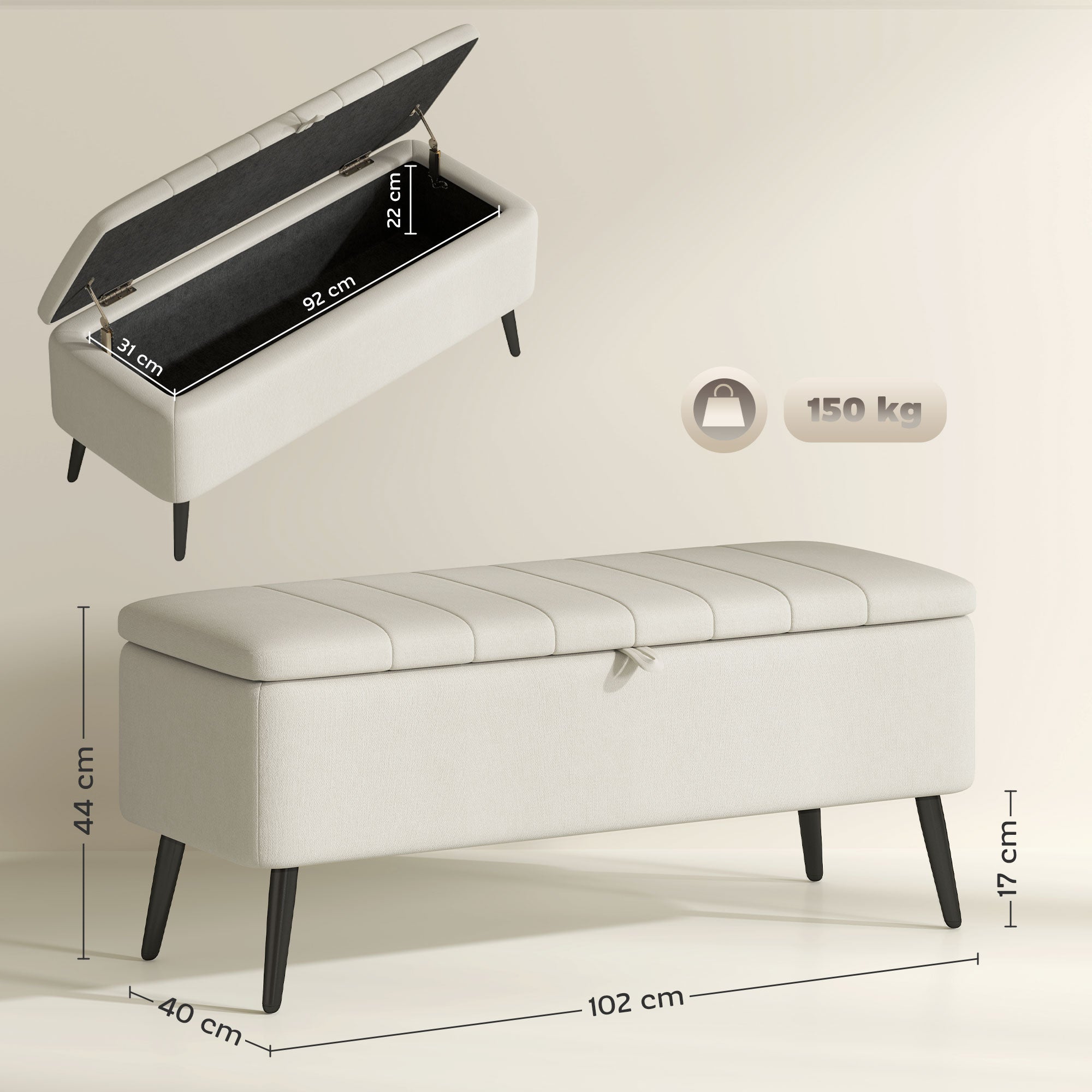 HOMCOM Linen-Look 92 x 31cm Storage Ottoman - Cream White - North Peak Garden Furniture