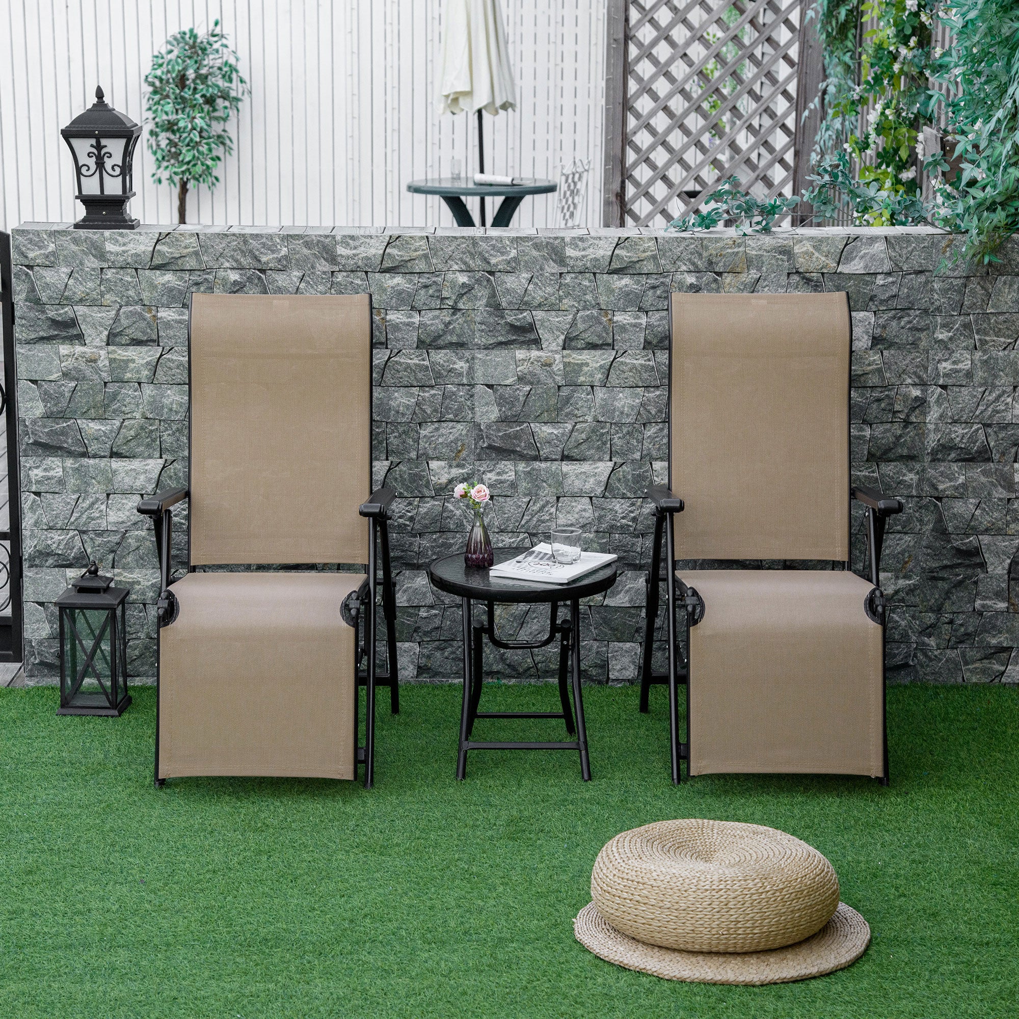 Outdoor Set of 2 Outdoor Sun Lounger 10-Position Adjustable Texteline Folding Reclining Chairs with Footrest for Patio Garden, Beige - North Peak Garden Furniture
