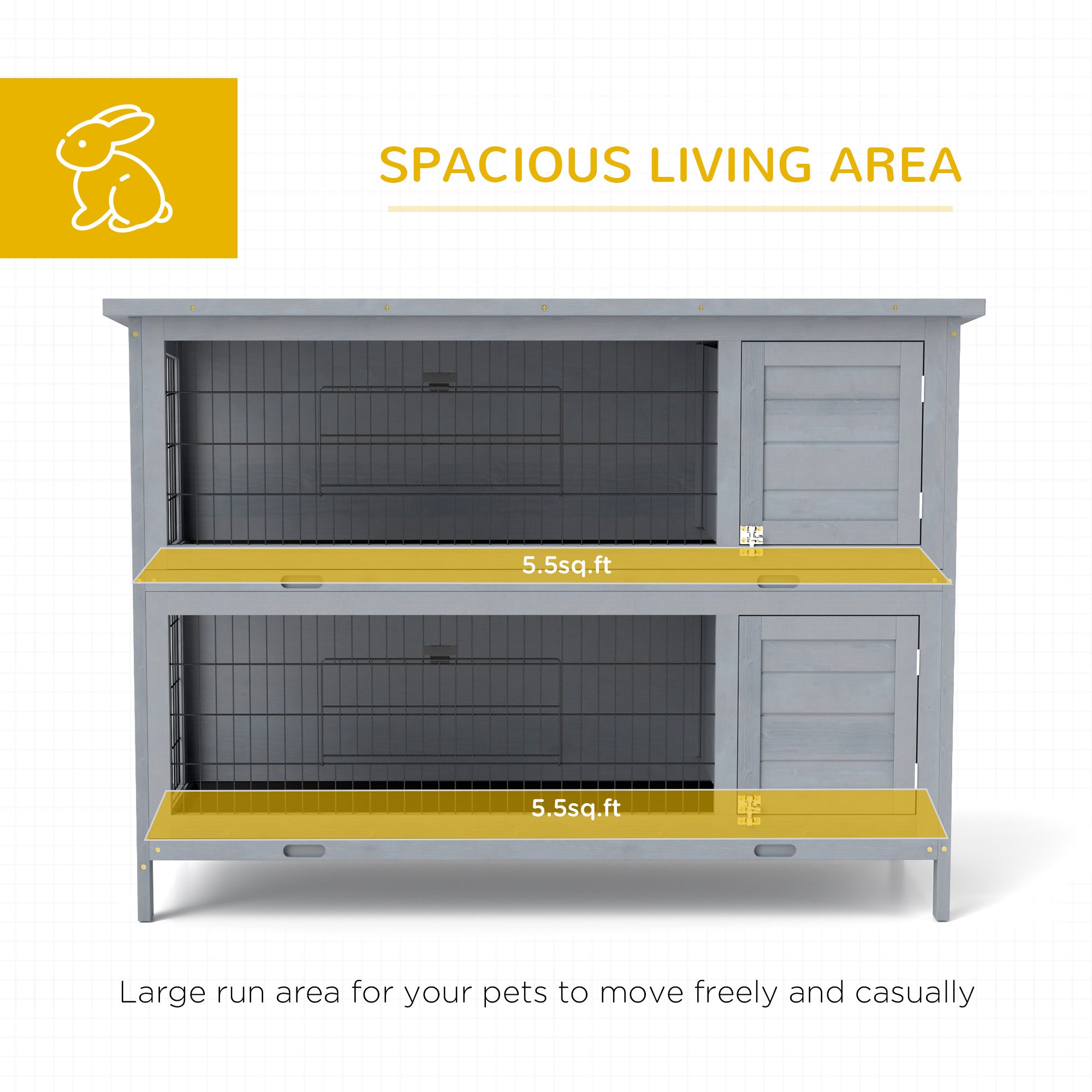 PawHut Rabbit Hutch Outdoor Guinea Pig Hutch Bunny Cage with No-Leak Trays, Divider, 136 x 50 x 93cm, Grey