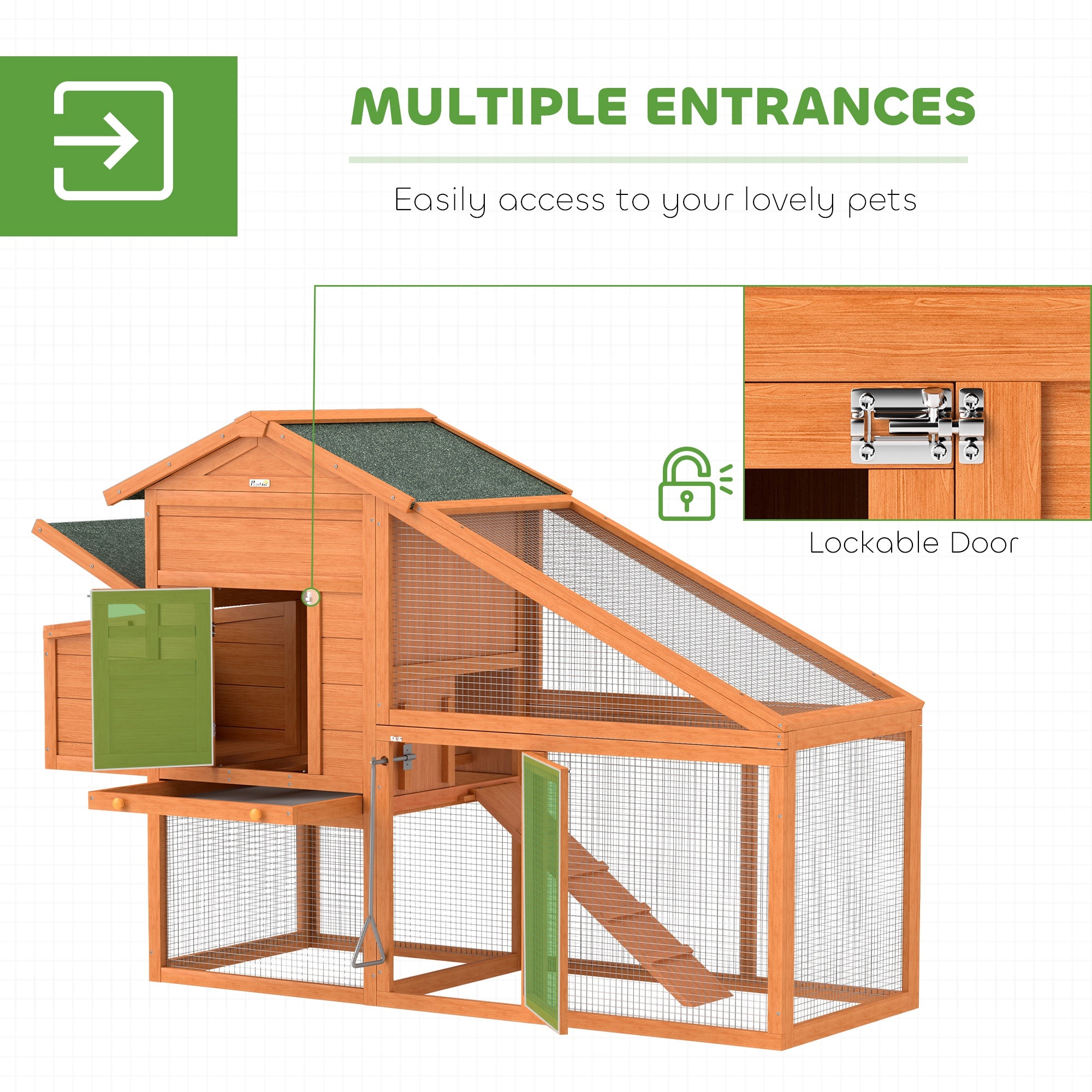 PawHut Wooden Chicken Coop with Run, Nesting Box, Slide-out Tray, Ramp, Perches, Asphalt Roof, 179 x 67 x 115cm - North Peak Garden Furniture