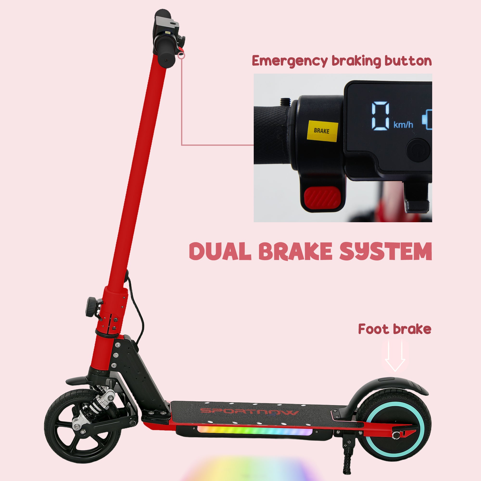 SPORTNOW Folding Electric Scooter for Kids Age 6-14 with Dual Brakes, Front Suspension, LED Colourful Lights and Display, 6.8kg Lightweight Aluminium E Scooter, Up to 14 KM/H & 6 KM, Red