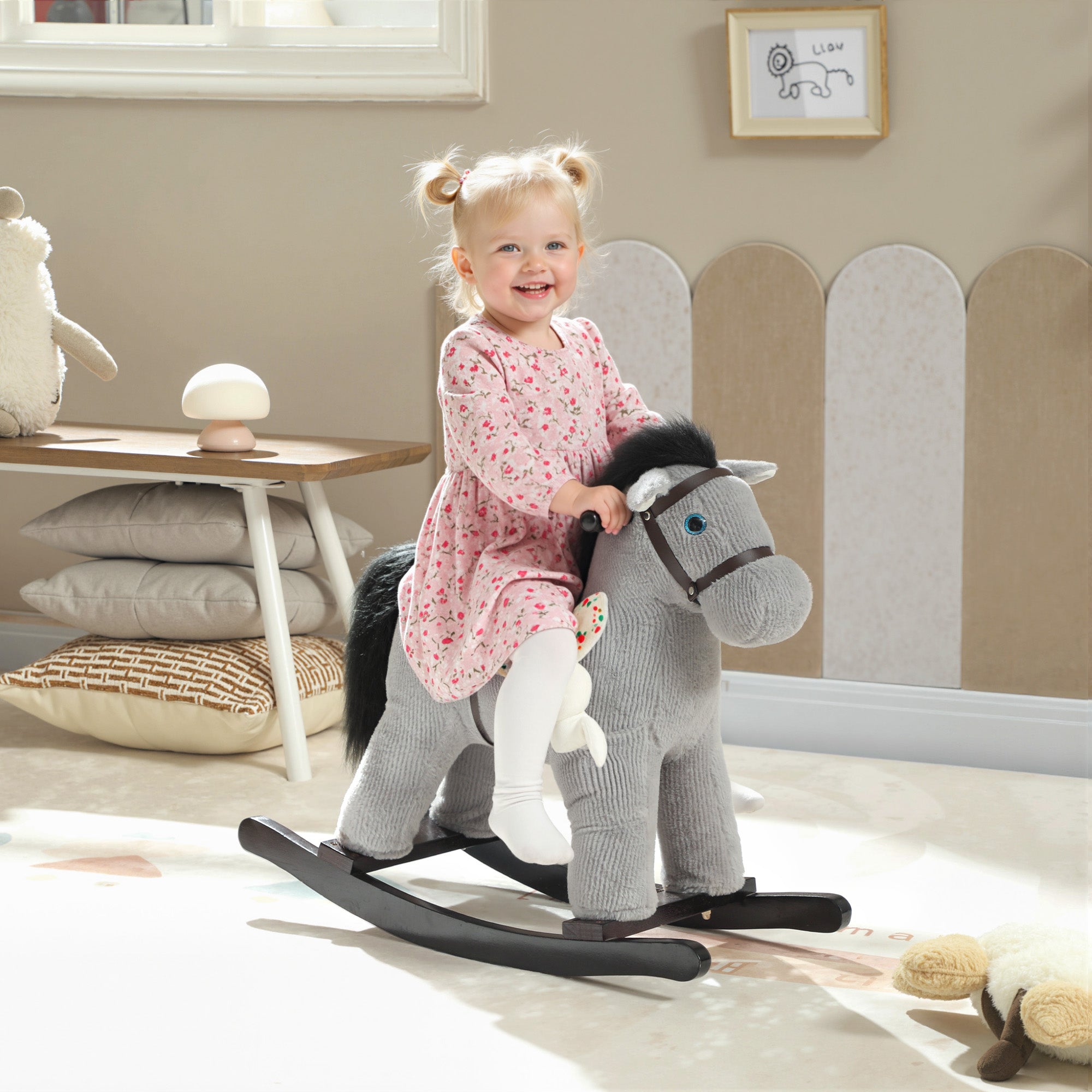 AIYAPLAY Baby Rocking Horse, Plush Ride on Toy with Handle Grip, Sound and Doll, Toddler Animal Rocker for Kids Aged 2–5, Grey
