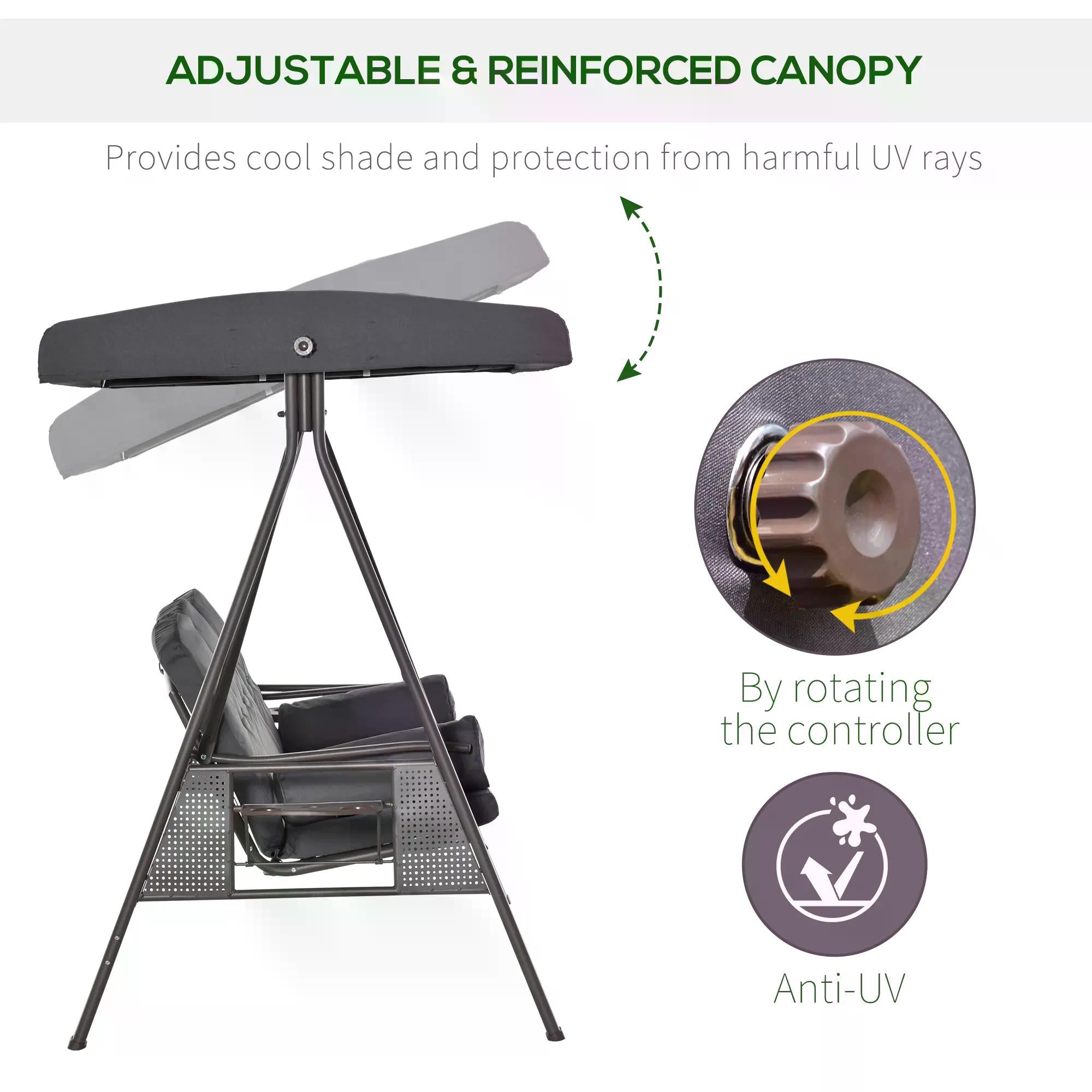 Outsunny 3 Seater Garden Swing Chair Outdoor Hammock Bench w/ Adjustable Canopy, Cushions and Cup Trays, Brown Steel Frame, Dark Grey Fabric - North Peak Garden Furniture