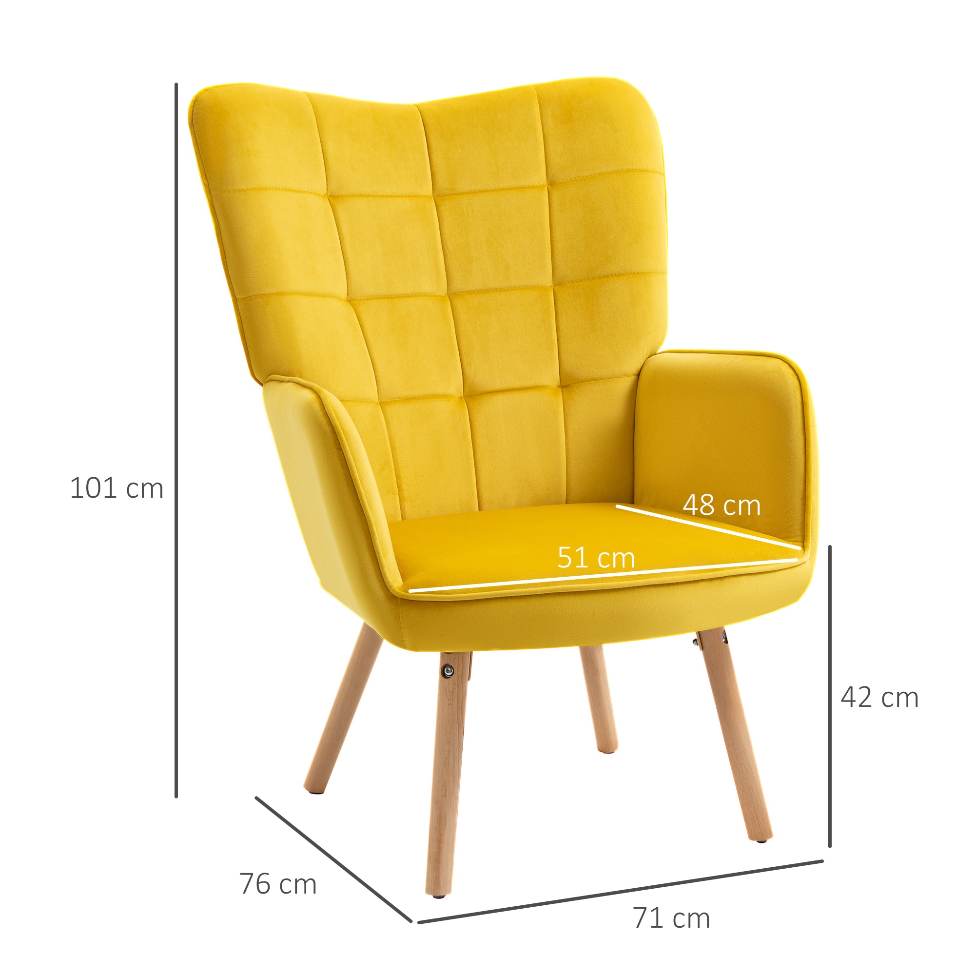 HOMCOM Modern Accent Chair Velvet-Touch Tufted Wingback Armchair Upholstered Leisure Lounge Sofa Club Chair with Wood Legs, Yellow - North Peak Garden Furniture
