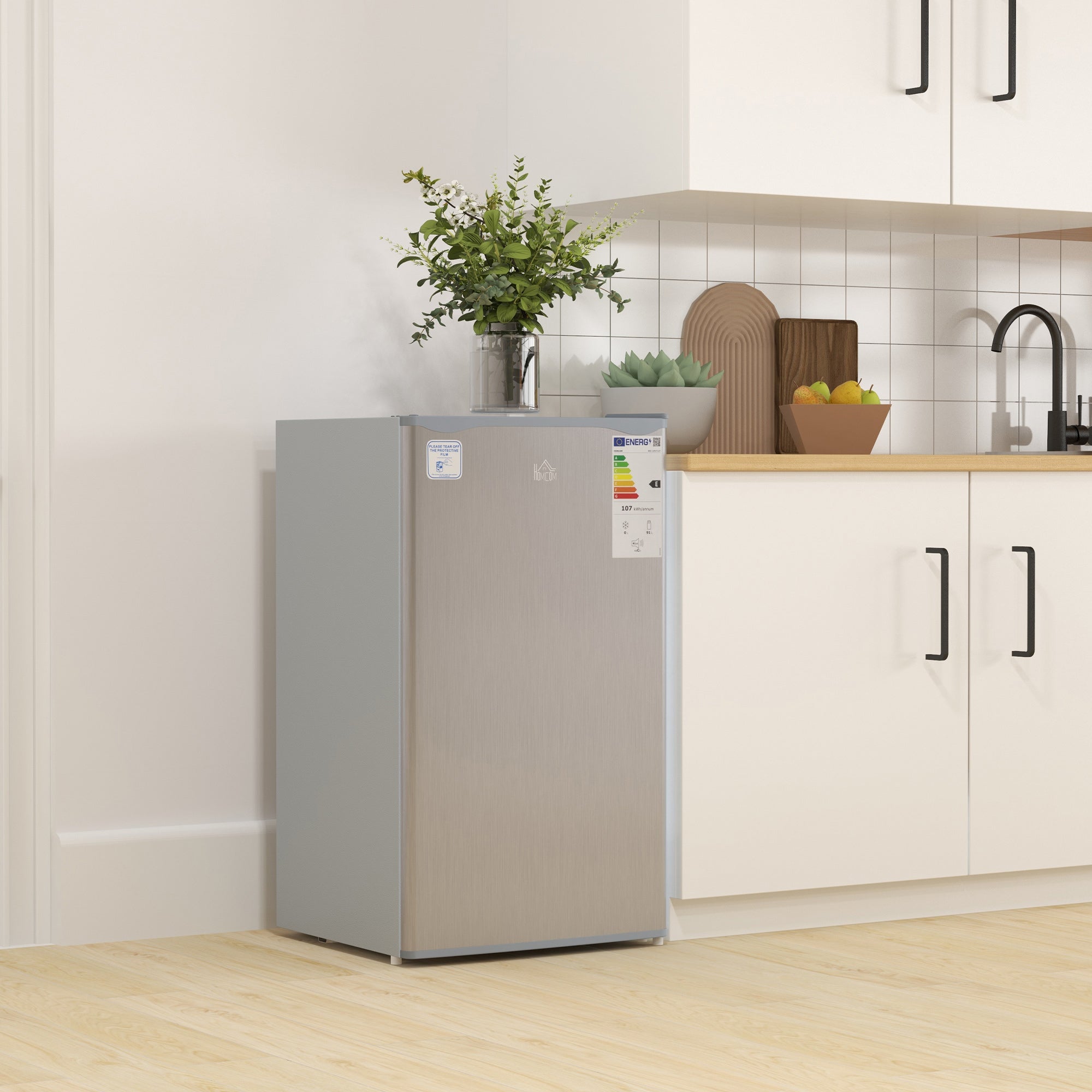 HOMCOM 91 Litre Freestanding Under Counter Fridge Freezer with Chiller Box, Reversible Door, Adjustable Thermostat, 47.5cm Wide, Noise Level: Decibels 40, Grey - North Peak Garden Furniture