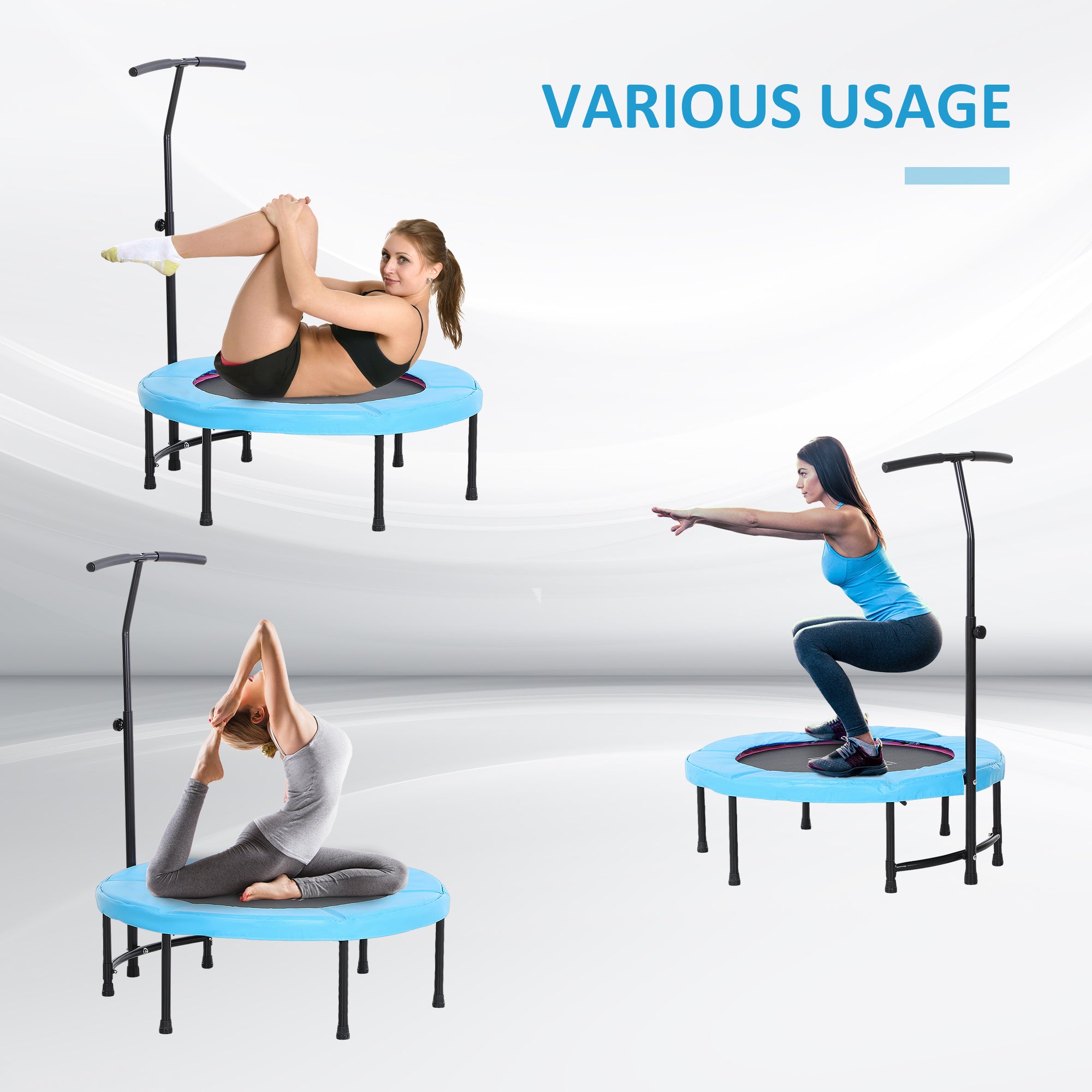 HOMCOM 40'' Fitness Trampoline with Adjustable Handle, Rebounder Trampoline Mini Jumper for Indoor Exercise Workout, Support Up to 100kg, Blue - North Peak Garden Furniture