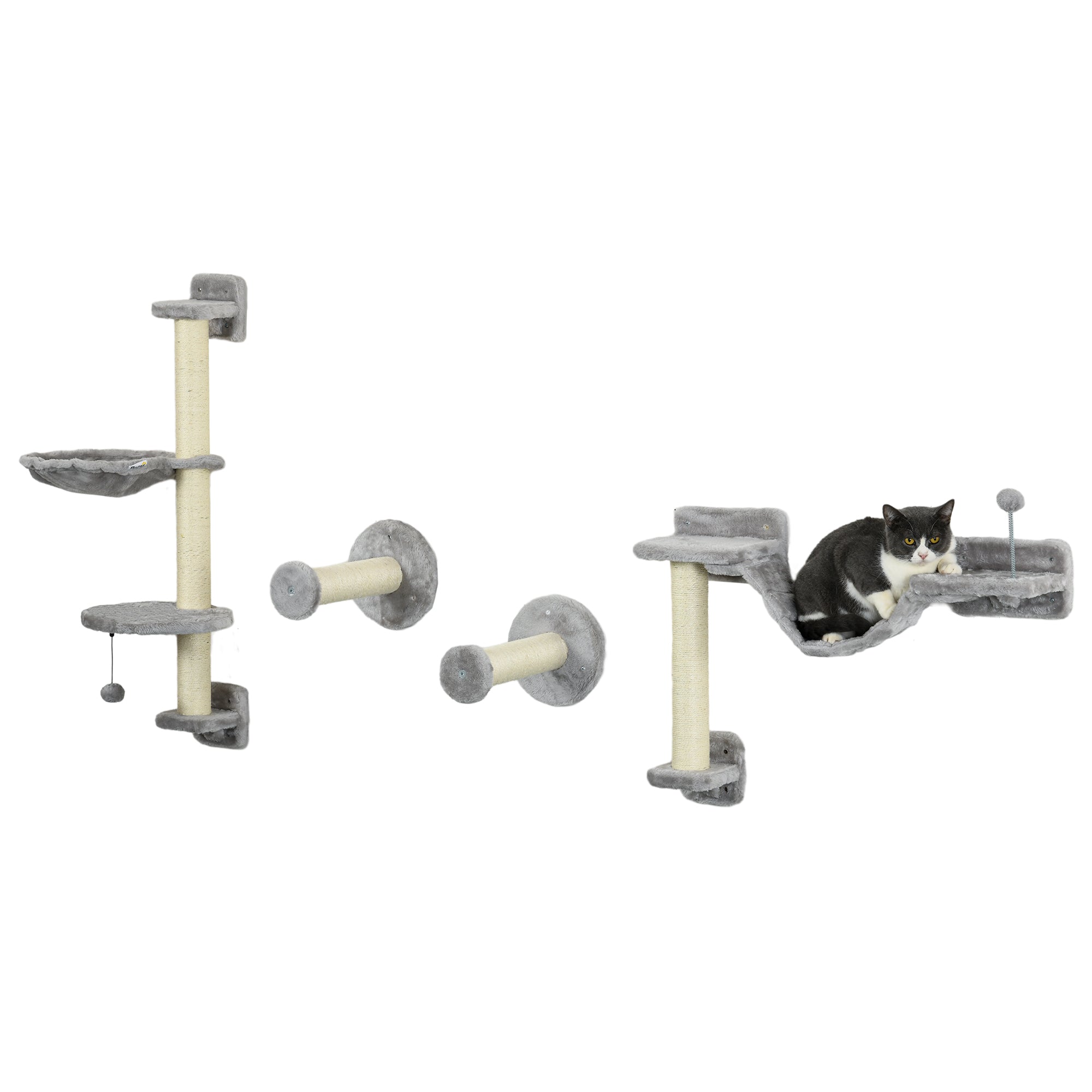 PawHut Four-Piece Cat Wall Furniture with Hammock, Perches, Ladder, Scratching Post, Grey - North Peak Garden Furniture