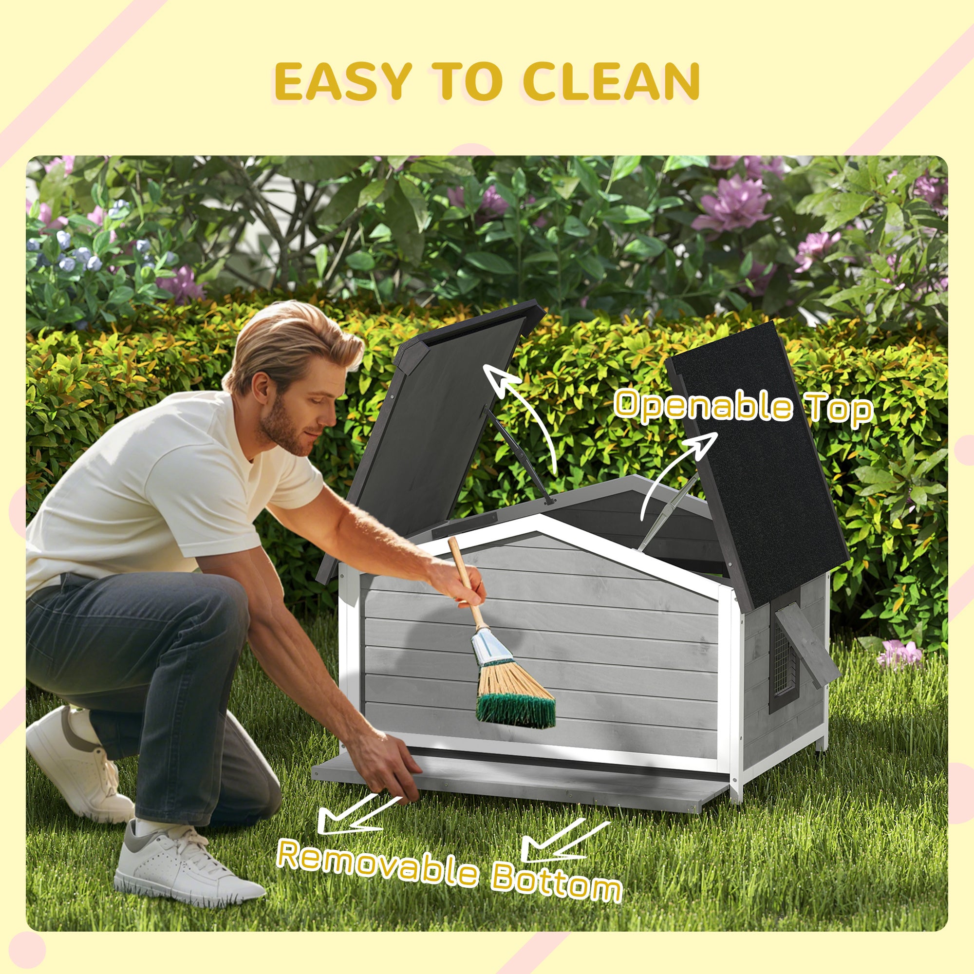 PawHut Wooden Dog Kennel for Outside, for Medium Dogs, 65H x 97L x 72Wcm, Grey - North Peak Garden Furniture