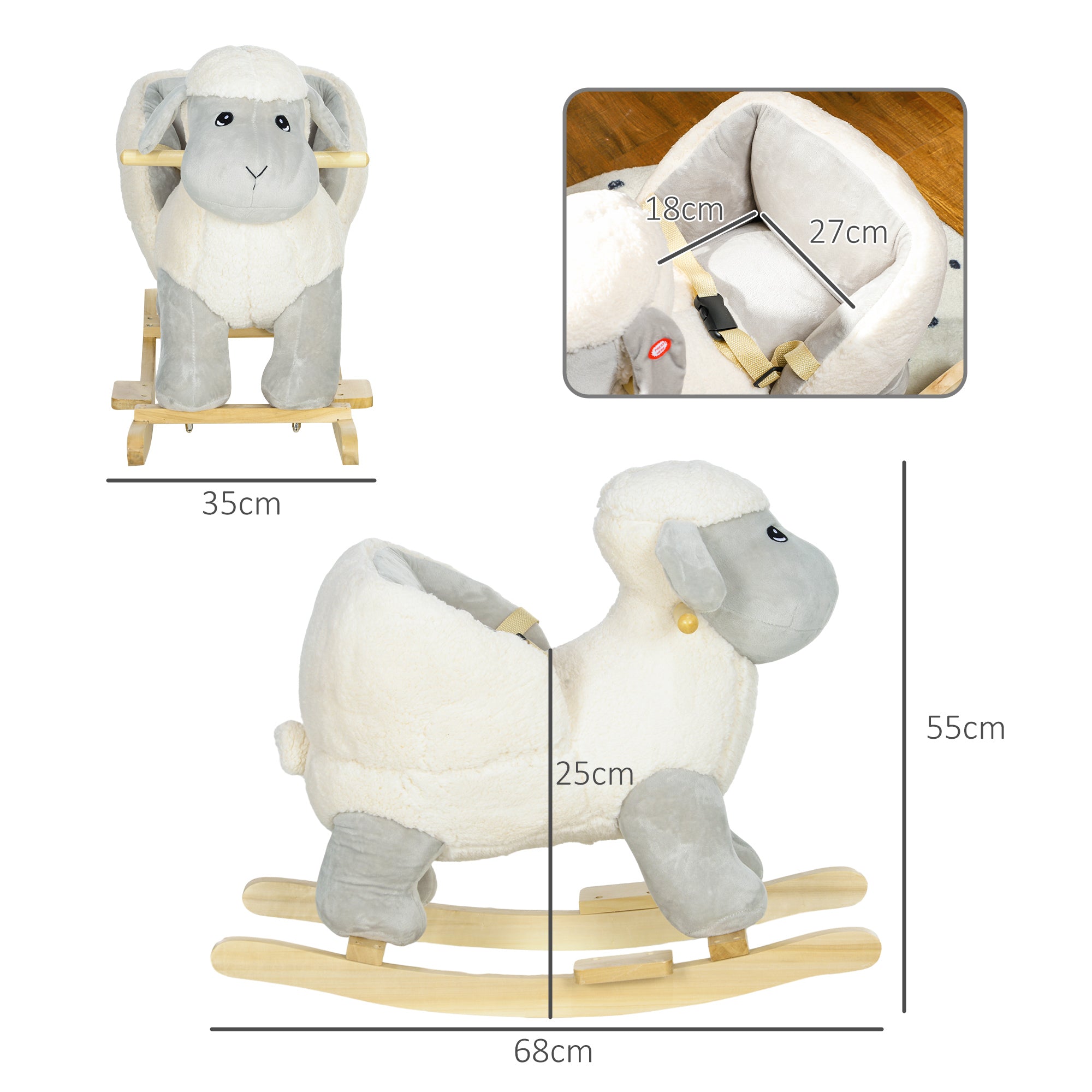 AIYAPLAY Rocking Horse, Ride on Lamb with Safety Belt, Sound, for Ages 1-3 Years, Grey - North Peak Garden Furniture