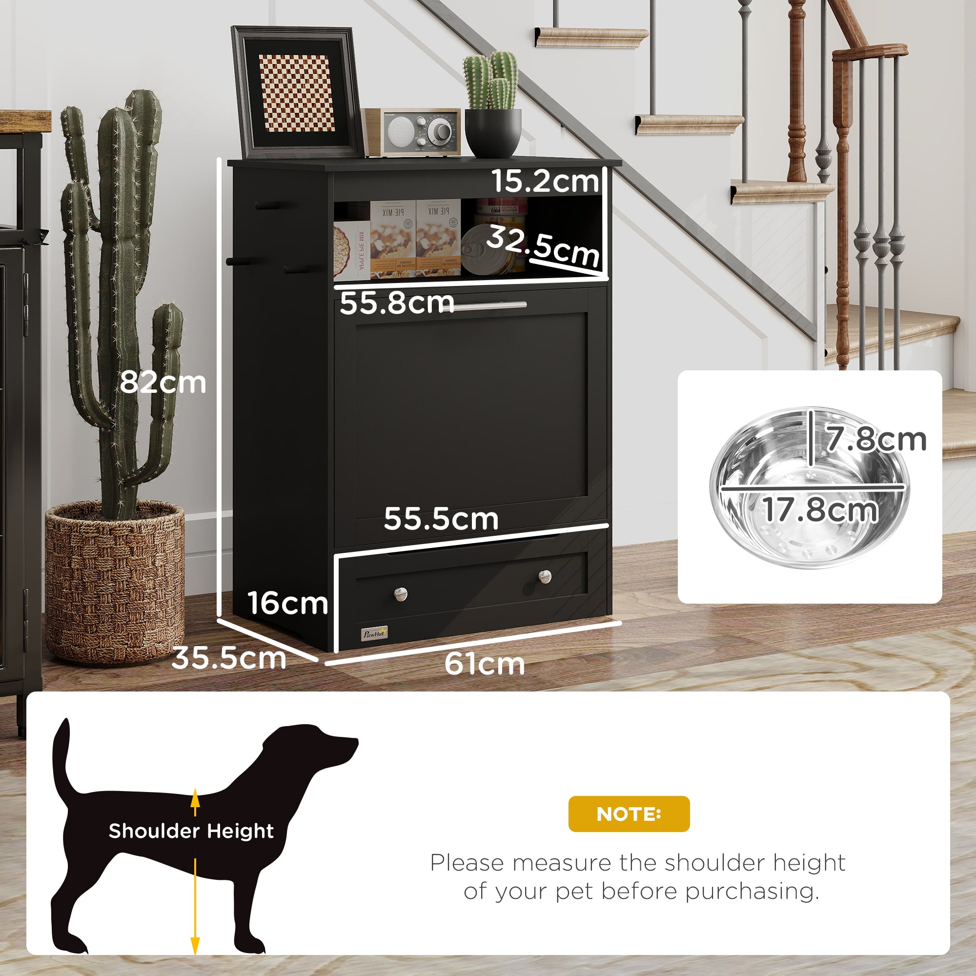 PawHut Pet Feeder Station, Dog, Cat Storage Container, with Raised Bowls, Hanger, Cabinet - Black - North Peak Garden Furniture