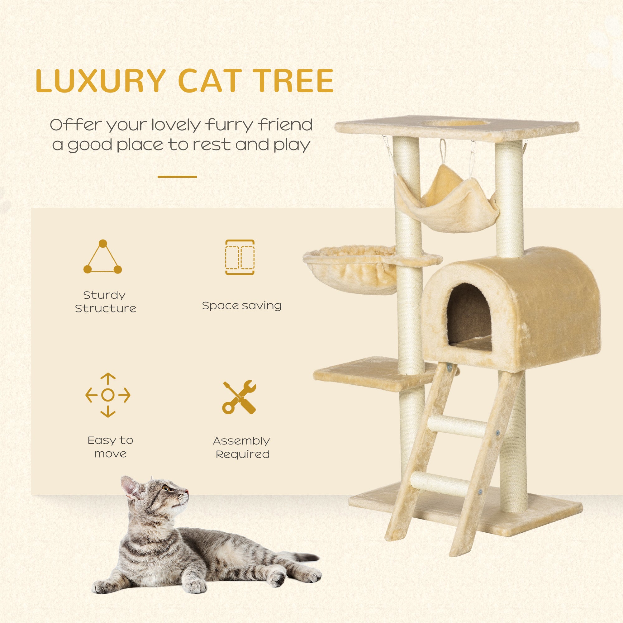 PawHut Cat Tree Tower for Indoor Cats Kitten Activity Centre Scratching Post w/ Hammock House Basket Ladder - Beige