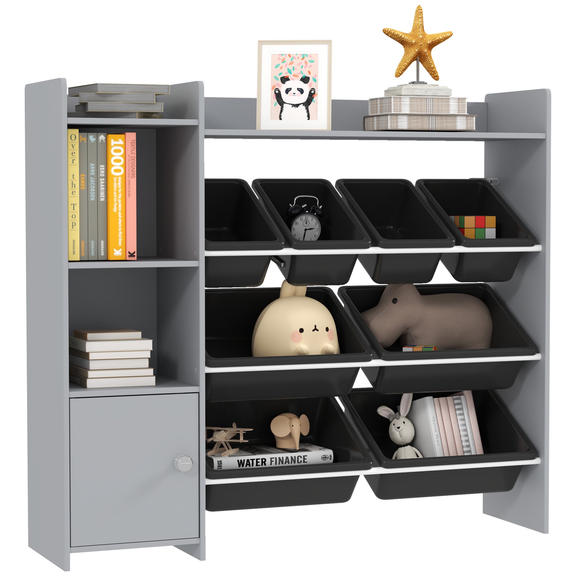 AIYAPLAY Toy Storage Unit with 8 Removable Bins, Storage Shelves, Cabinet, Grey - North Peak Garden Furniture