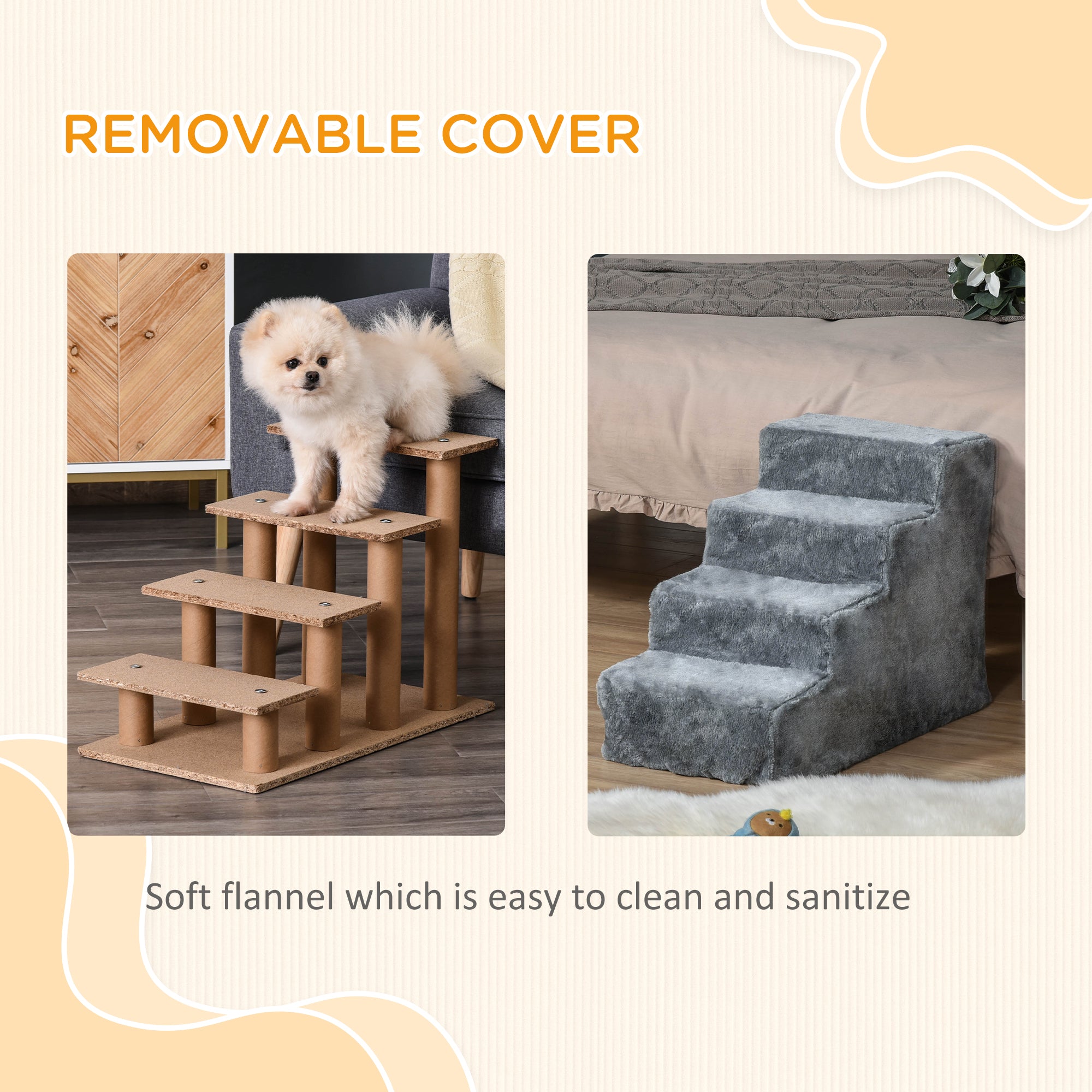 PawHut Four-Step Dog Stairs, with Washable Plush Cover, for High Bed Sofa, Dog Stairs for Small Dog and Cat - Light Grey - North Peak Garden Furniture