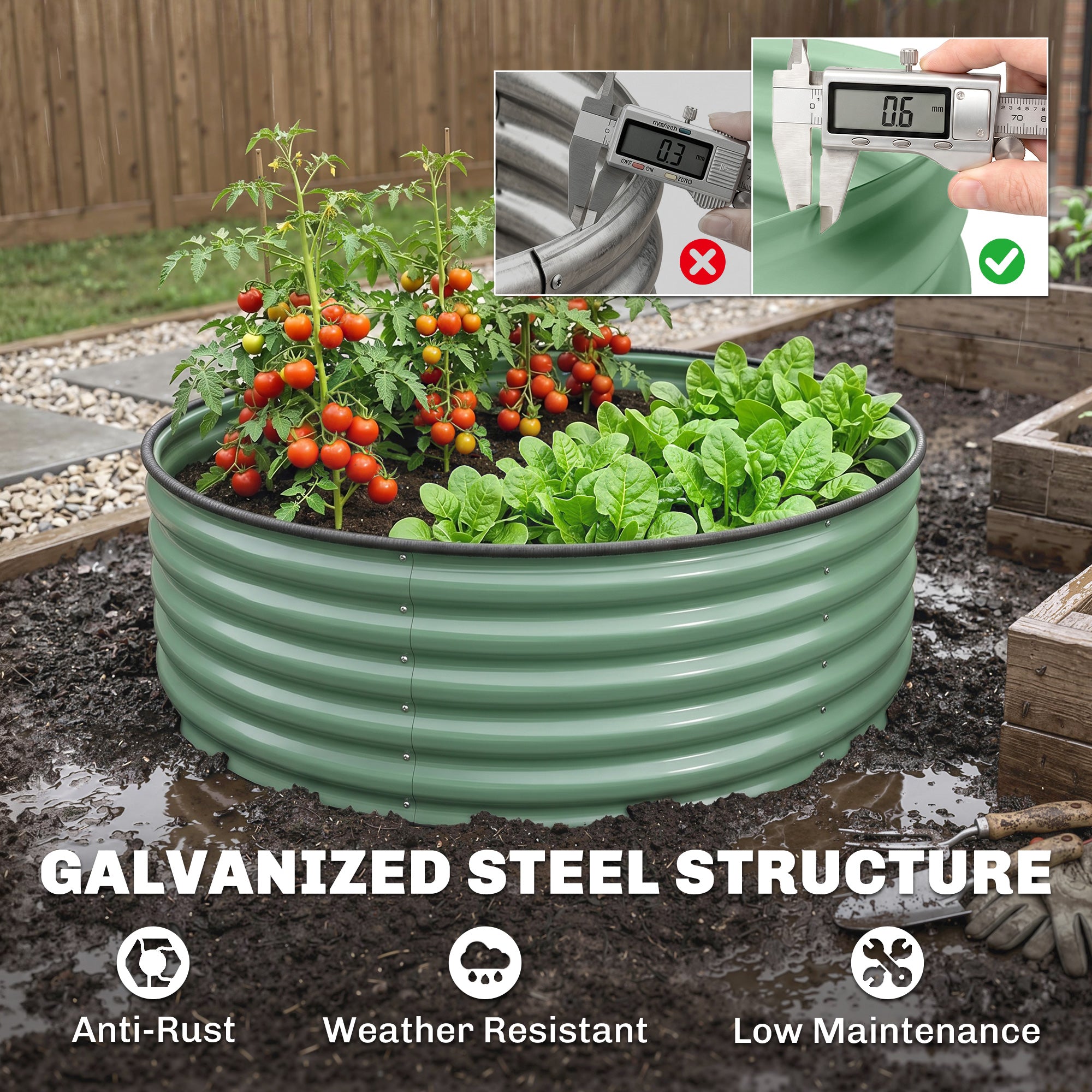 Outsunny Galvanised Raised Garden Bed with Safety Edging, Outdoor Raised Planter Box with Gloves, 120 x 120 x 43cm, Light Green