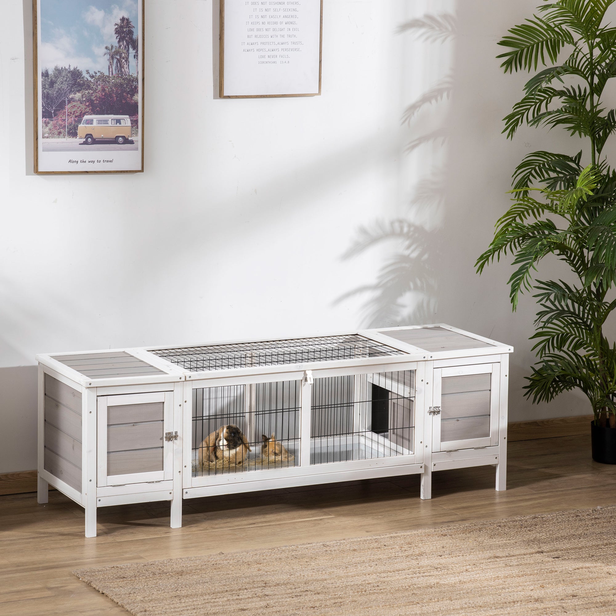 PawHut Rabbit Hutch and Run, with Removable Tray - Grey - North Peak Garden Furniture