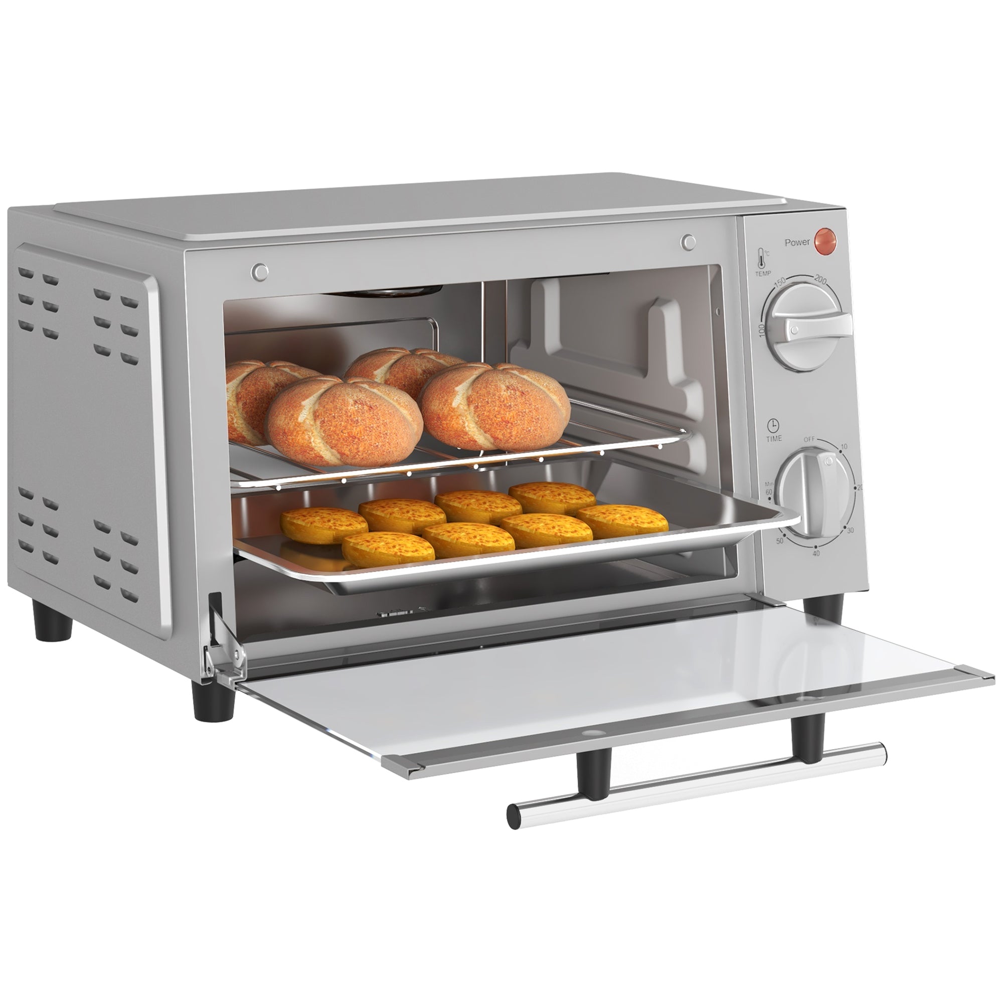 HOMCOM Mini Oven, 9L Countertop Electric Grill, Toaster Oven with Adjustable Temperature, Timer, Dishwasher Safe Baking Tray and Wire Rack, 750W, Silver