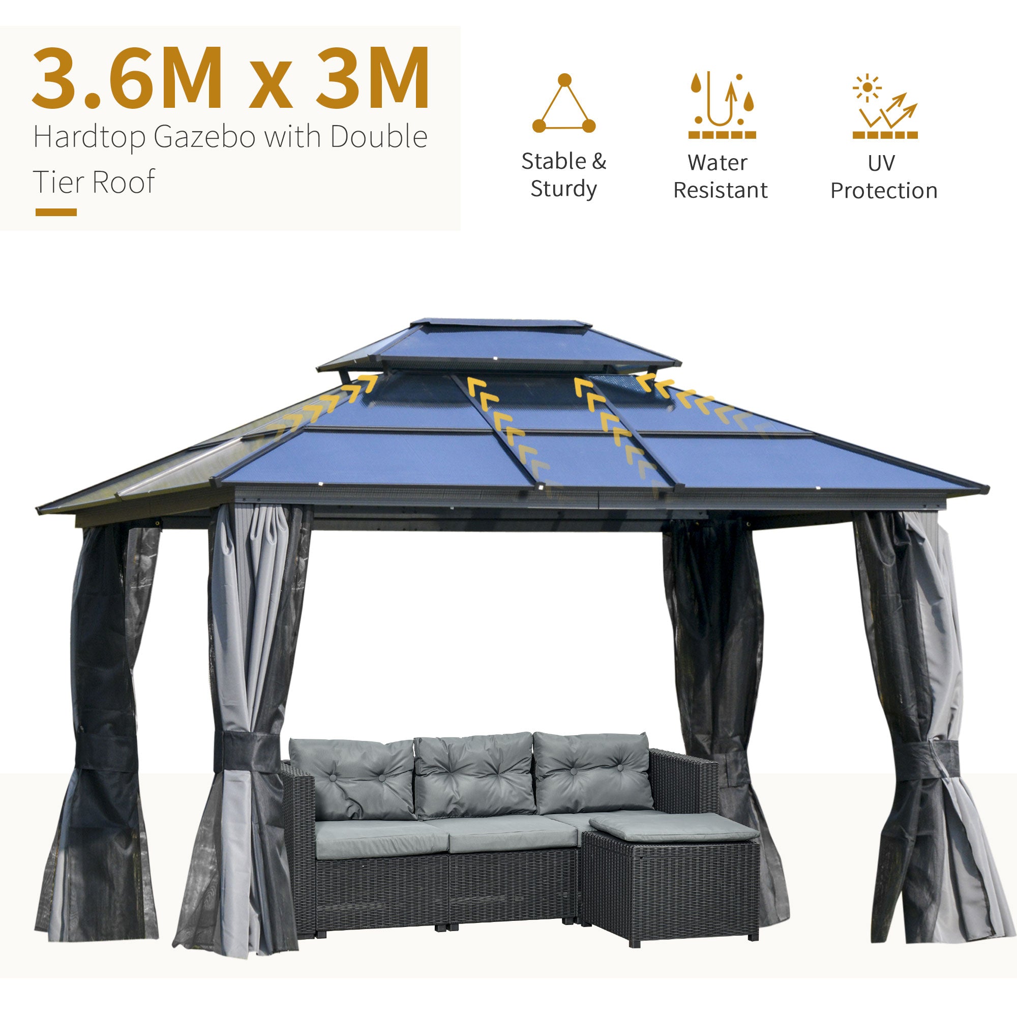 Outsunny Outdoor 3.6 x 3(m) Gazebo Cabana w/ Steel Frame & Net Sidewalls for Privacy - North Peak Garden Furniture