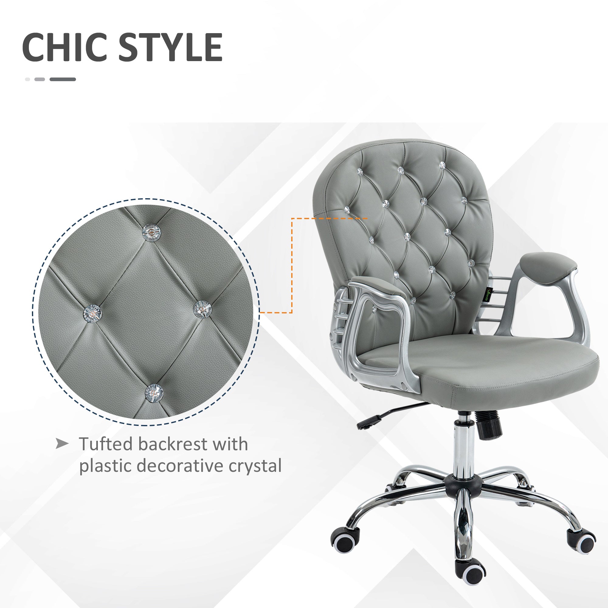 Vinsetto Office Chair Ergonomic 360° Swivel PU Diamante Padded Base 5 Castor Wheels for Home Work Grey - North Peak Garden Furniture