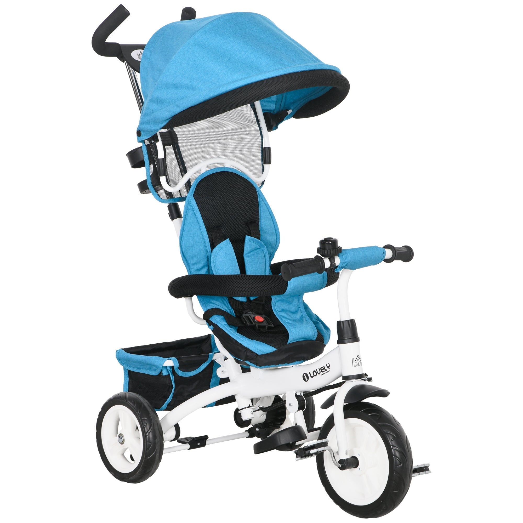 HOMCOM 6 in 1 Kids Trike Push Bike w/ Push Handle, Canopy, 5-point Safety Belt, Storage, Footrest, Brake, for 1-5 Years, Blue - North Peak Garden Furniture