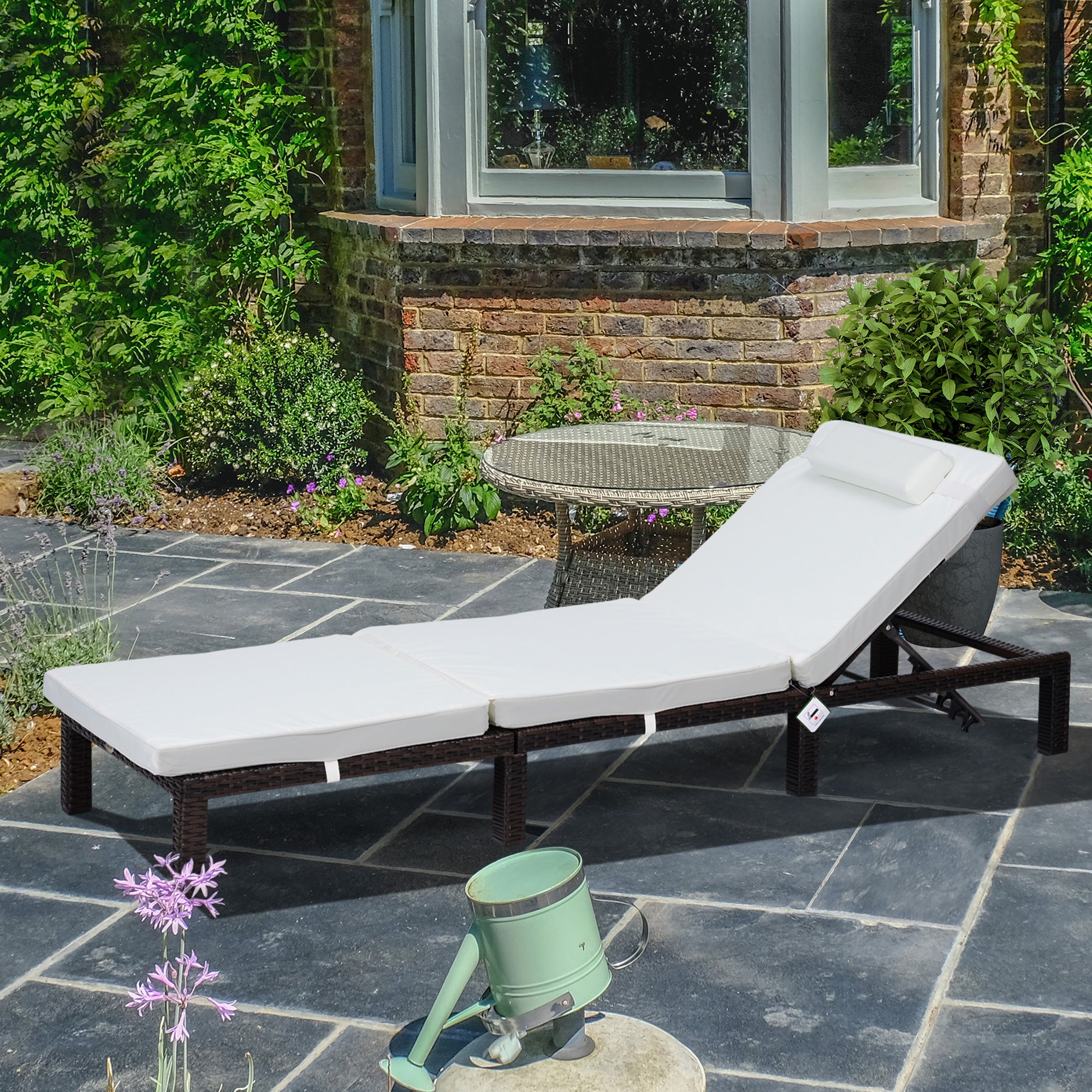 Outsunny PE Rattan Sun Lounger with Soft Padded Cushion, Patio 5-level Reclining Sun Lounger with Headrest, White - North Peak Garden Furniture