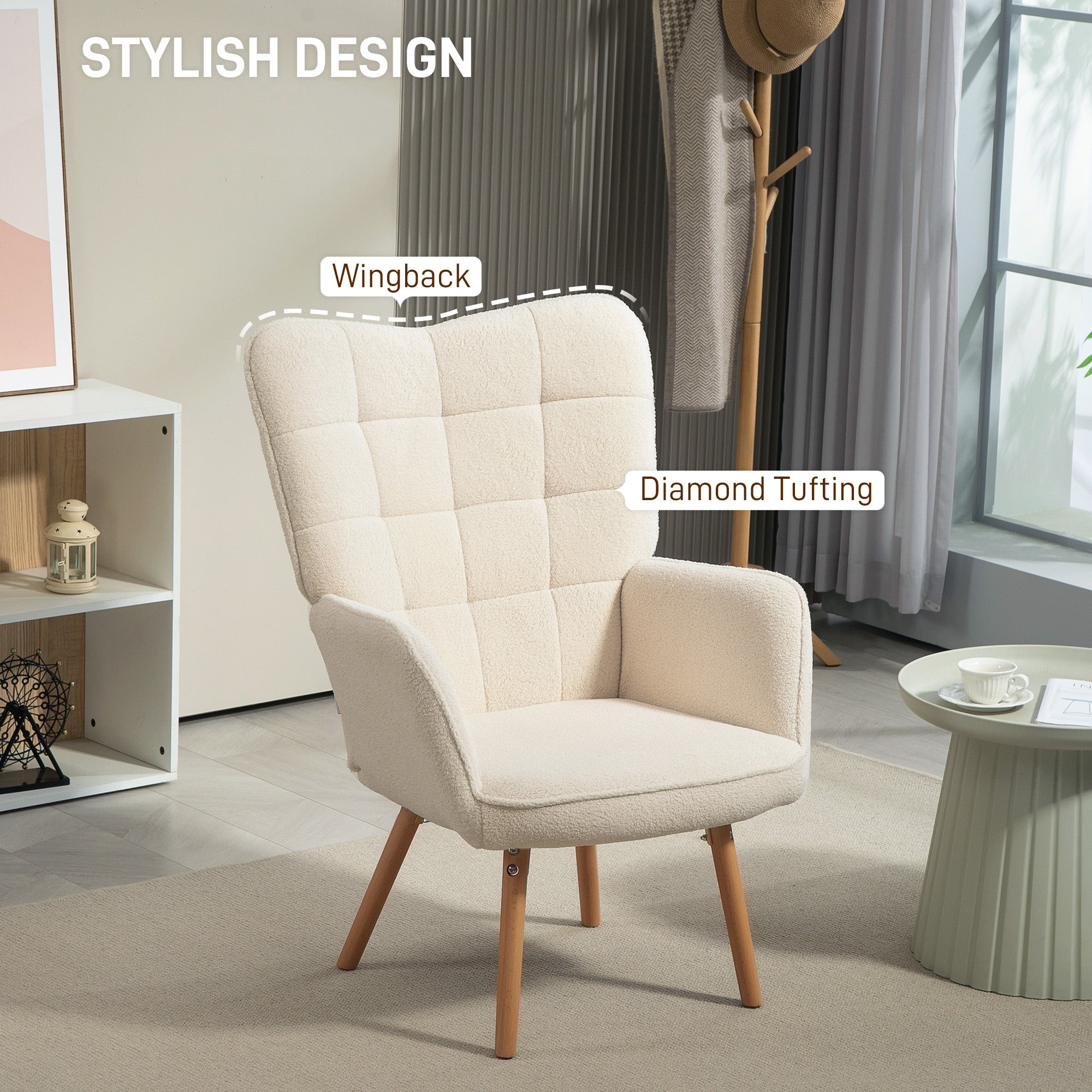 HOMCOM Modern Accent Chair, Upholstered Tufted Wingback Armchair with Seat Padding, Teddy Fleece Leisure Lounge Bedroom Chair with Wood Legs, Cream White - North Peak Garden Furniture