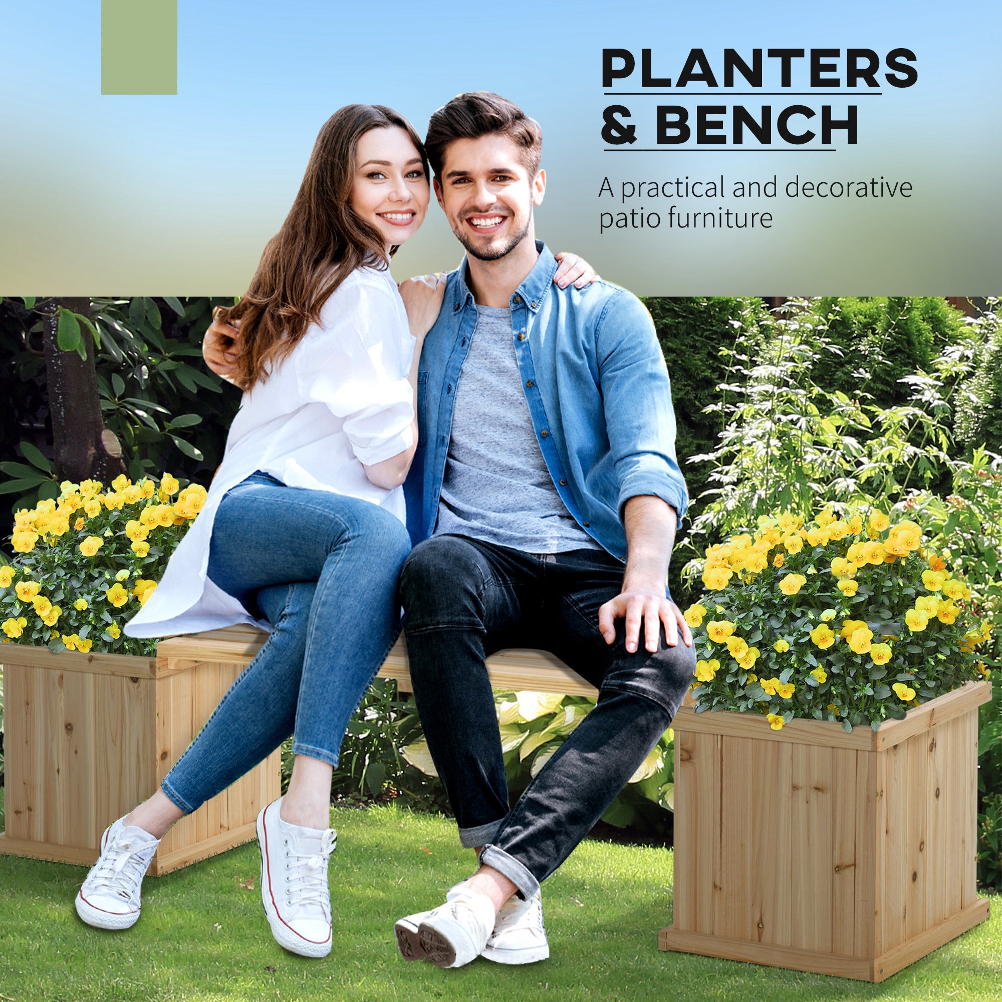 Outsunny 37L Wooden Garden Planter & Bench Combination Garden Raised Bed Patio Park Natural 176 x 38 x 40 cm - North Peak Garden Furniture