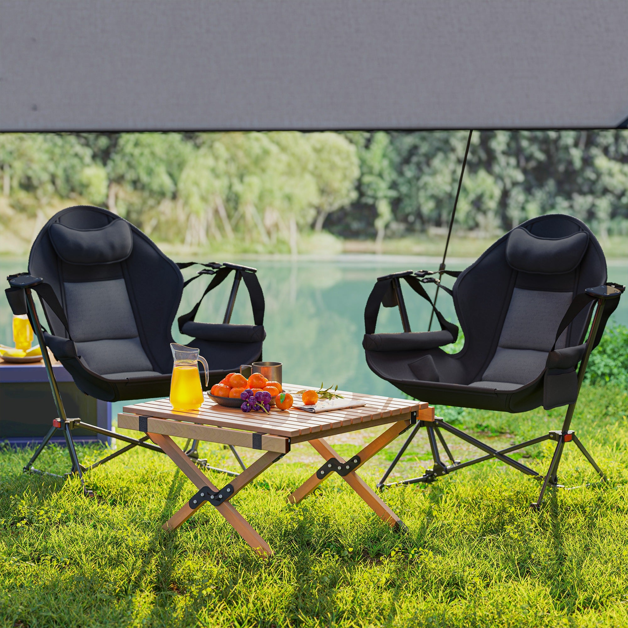 Outsunny Hammock Camping Chair Set of 2, Adjustable Back Swinging Camping Chair Portable Camp Chair with Cup Holder, Headrest, Padded Seat and Carry Bag for Travel Fishing Hiking, Black - North Peak Garden Furniture