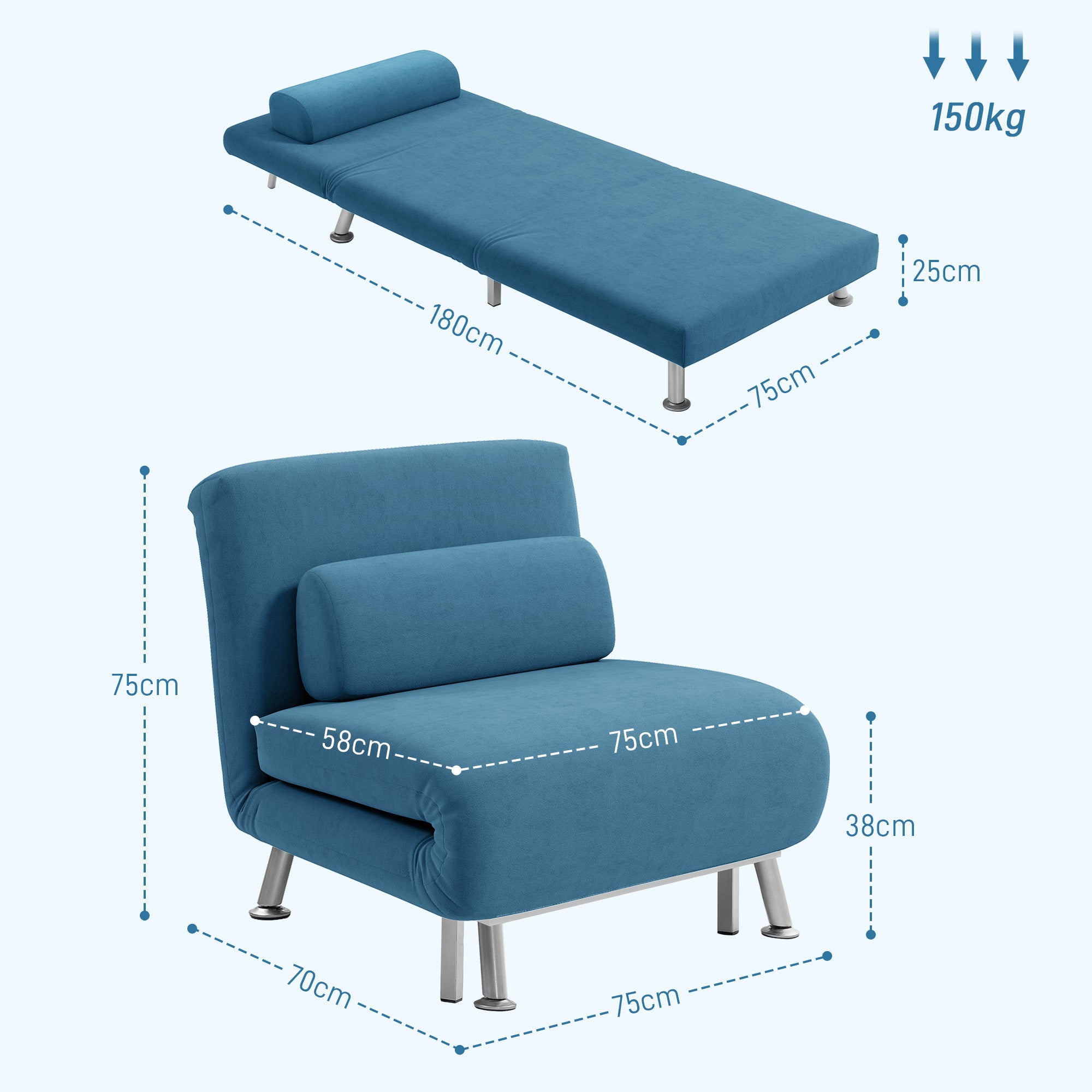 HOMCOM Single Velvet-Feel Sleeper Chair - Blue - North Peak Garden Furniture