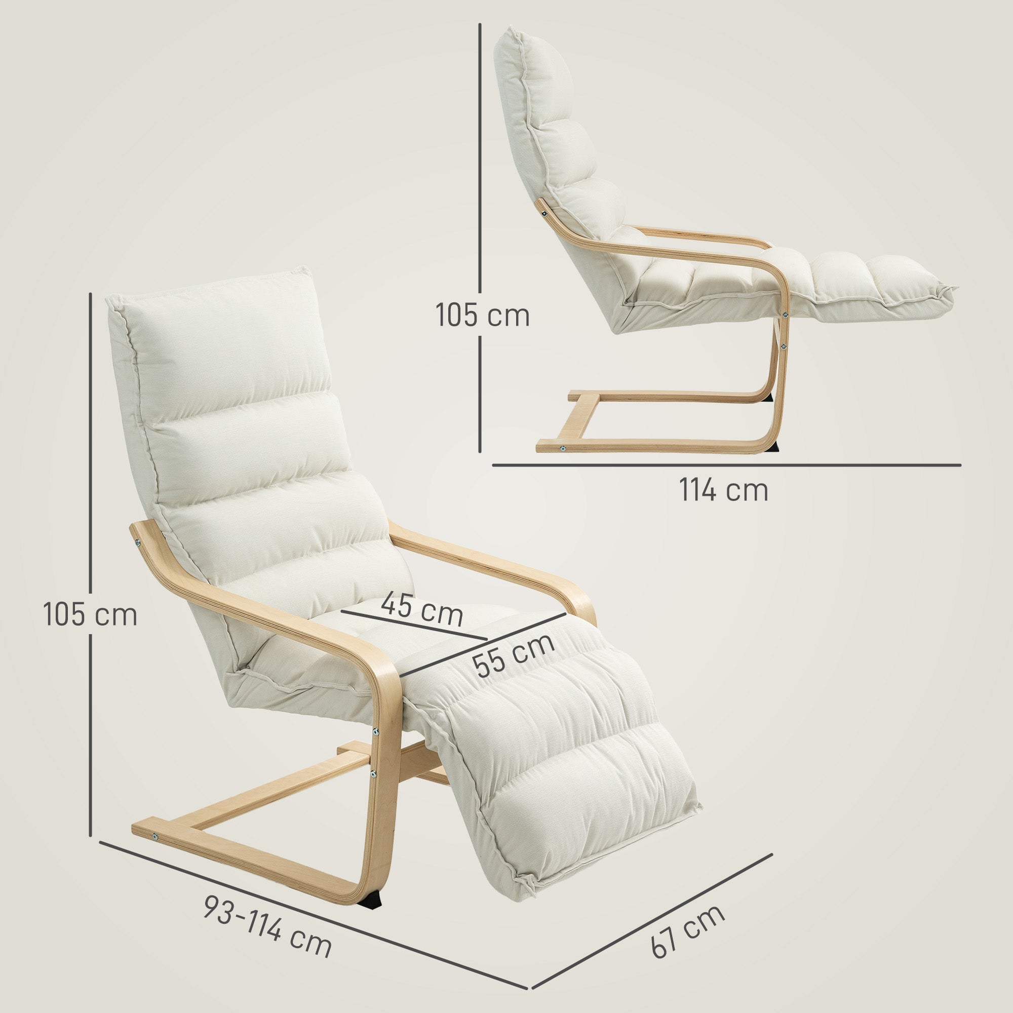 HOMCOM Curved Wooden Accent Chair, with Adjustable Footrest - Cream White - North Peak Garden Furniture