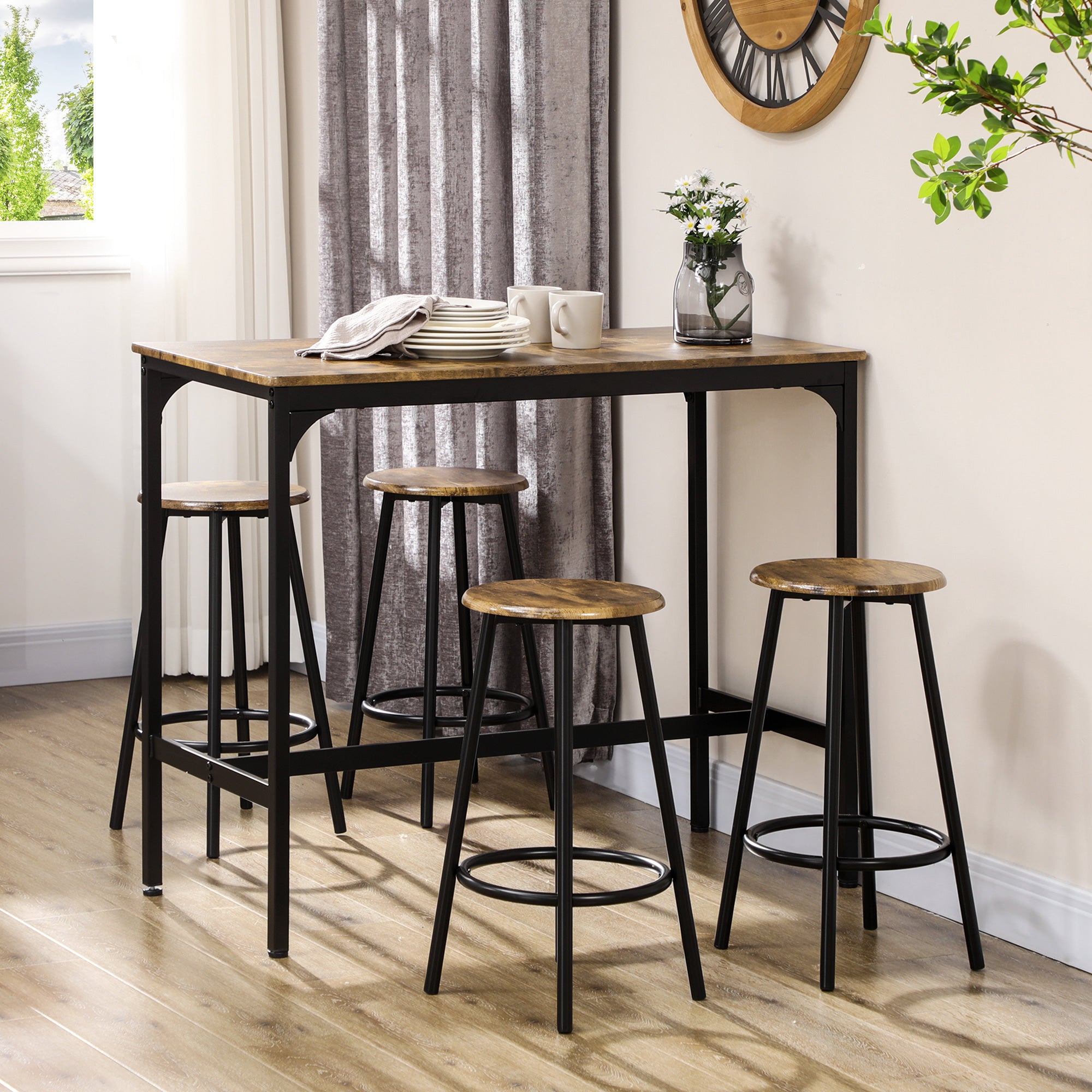 HOMCOM Five-Piece Industrial-Style Bar Table Set - Brown/Black - North Peak Garden Furniture