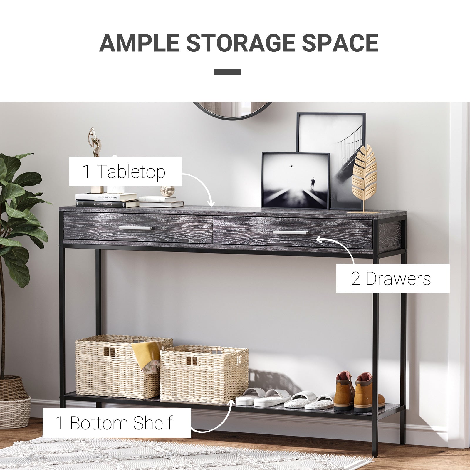 HOMCOM Console Table Worktop Bottom Shelf Home Two Drawer Industrial Minimal Style Grey Wood Tone Effect - North Peak Garden Furniture