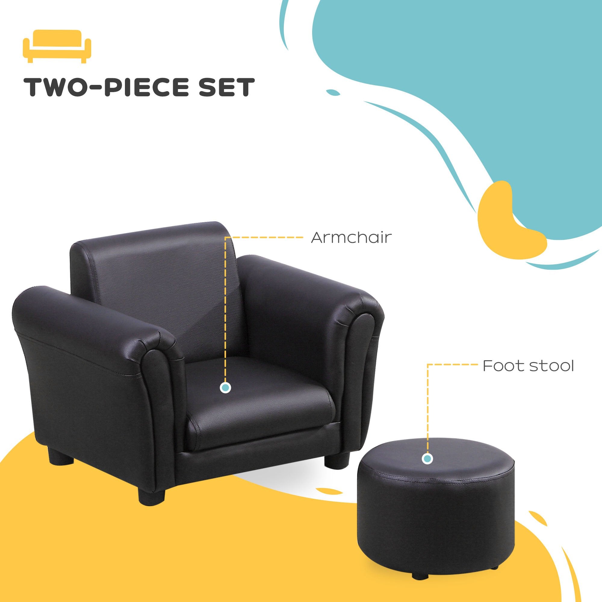 HOMCOM Toddler Chair Single Seater Kids Sofa Set, 54 x 42 x 41cm, Kids Sofa with Stool, Black - North Peak Garden Furniture