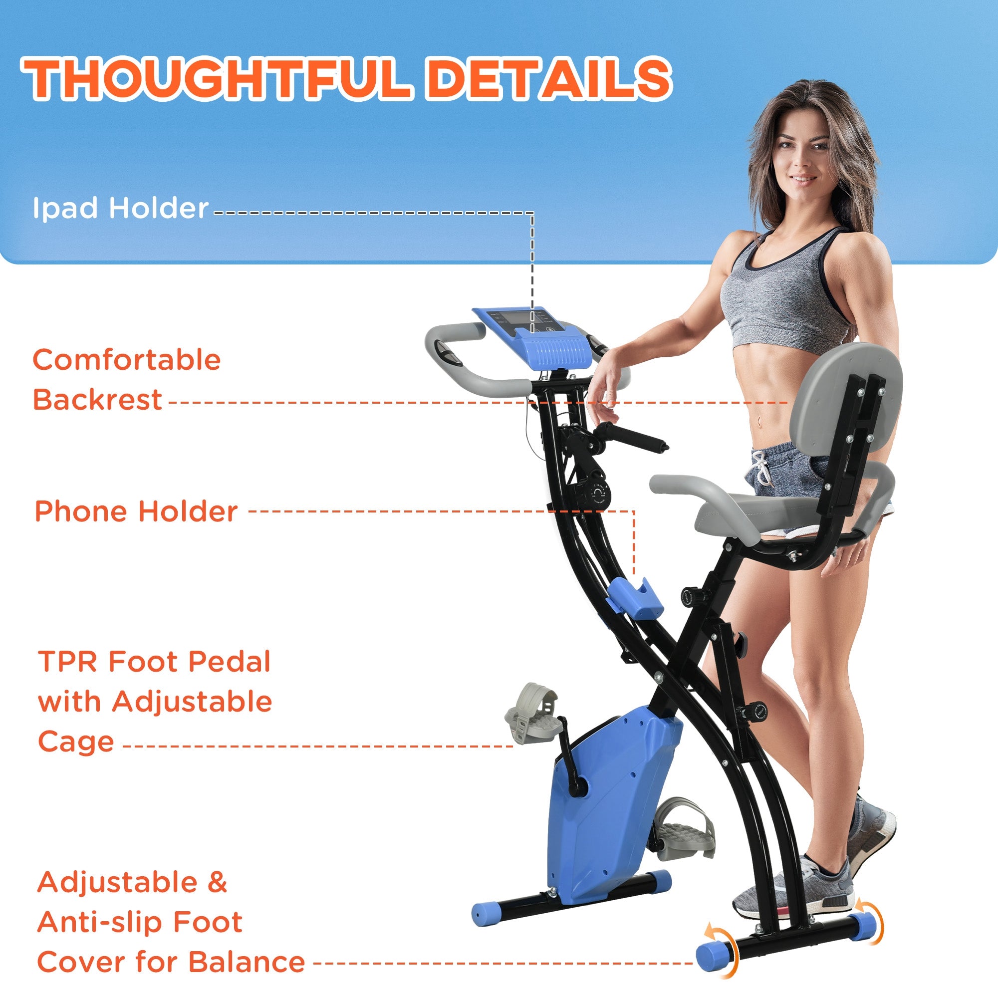 HOMCOM 2-in-1 Folding Exercise Bike with 8-Level Magnetic Resistance, Arm Resistance Band, Pulse Sensor, Blue - North Peak Garden Furniture