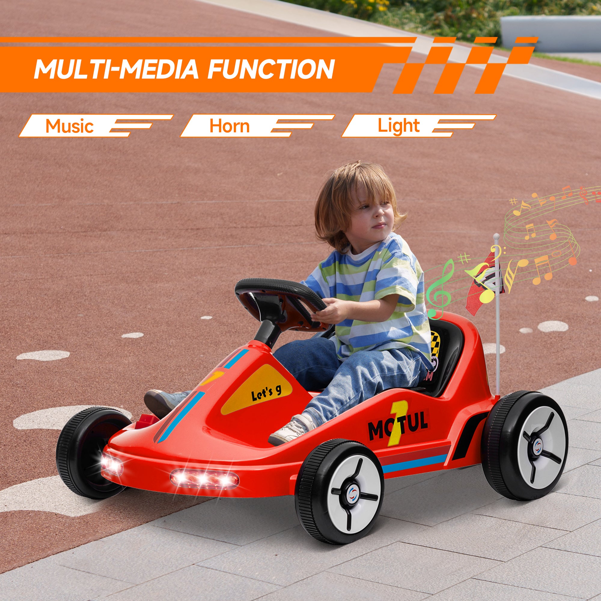 AIYAPLAY 6V Electric Go Kart for Kids with Music, Light, Horn, for 3-5 Years, Red - North Peak Garden Furniture