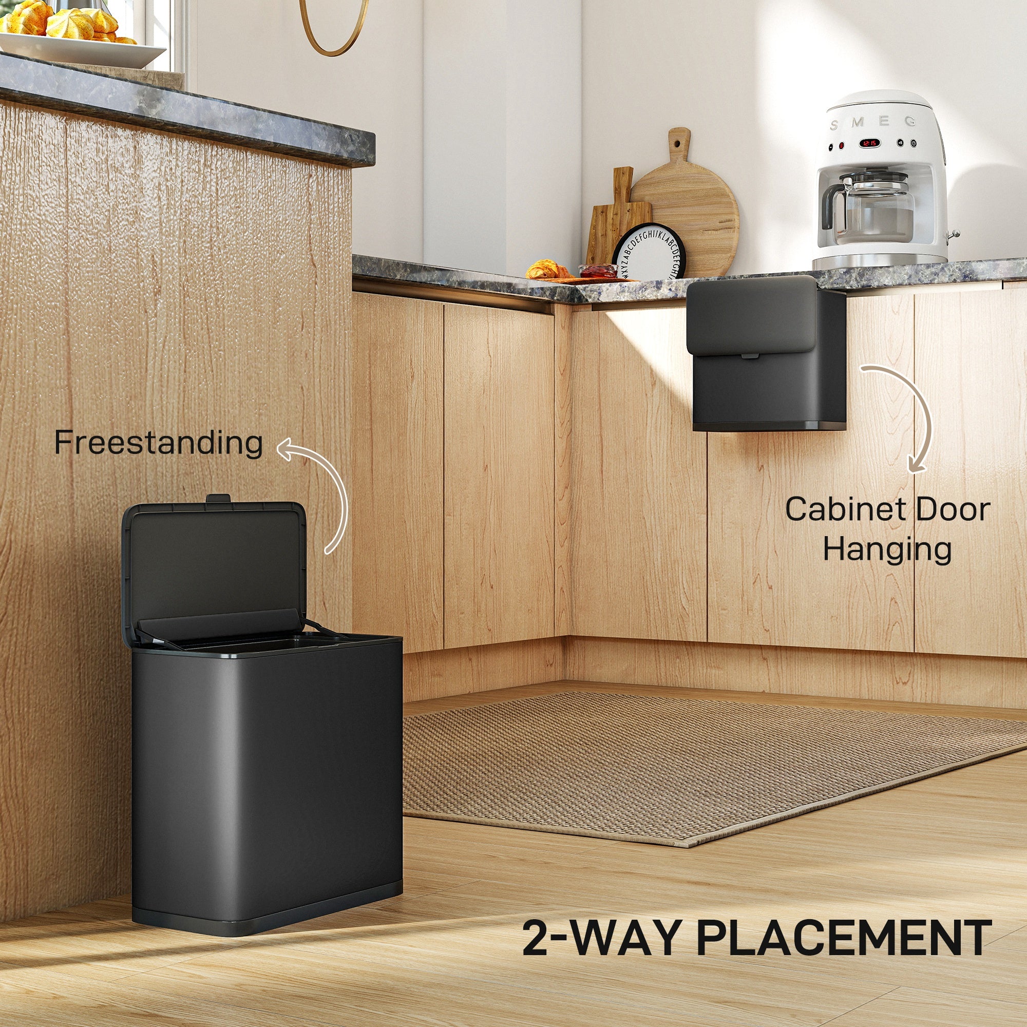 HOMCOM 8L Hanging Kitchen Bin, Rubbish bin with Lid and Removable Inner Bucket for Kitchen Cabinet Door, Under Sink, Office