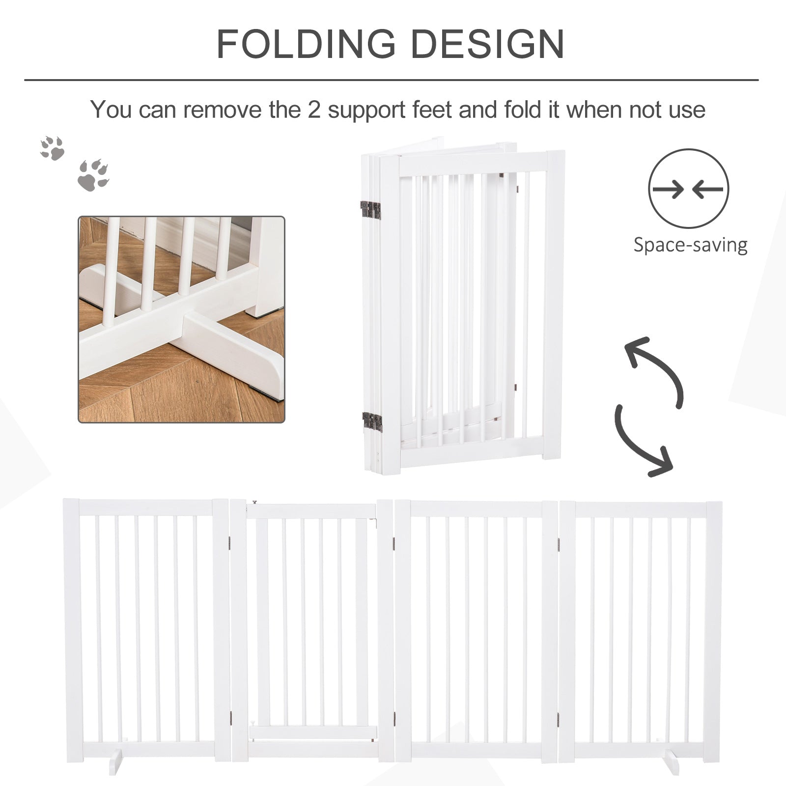 PawHut Freestanding Pet Gate 4 Panels Wooden Dog Safety Fence Foldable with Support Feet for Doorway Stairs 91cm Tall White - North Peak Garden Furniture