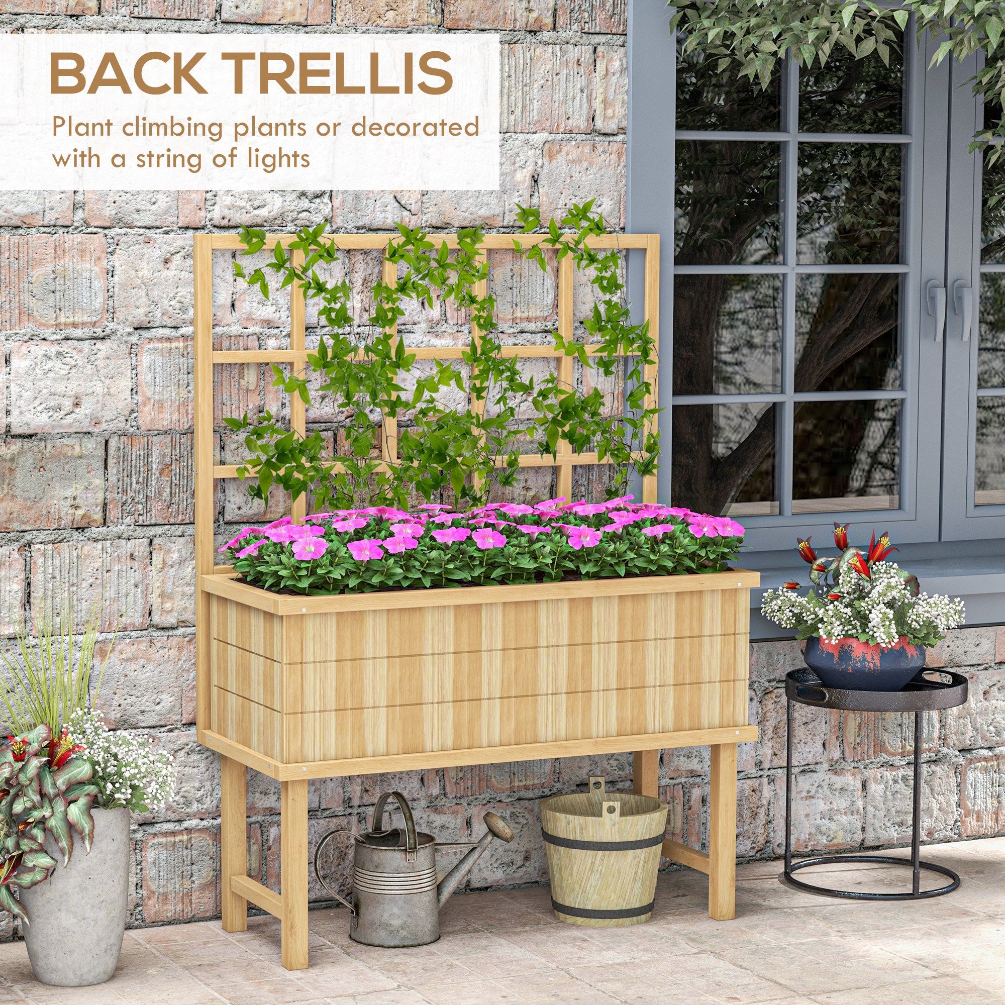 Outsunny 45 x 105cm Wooden Garden Planter, with Trellis - Natural - North Peak Garden Furniture