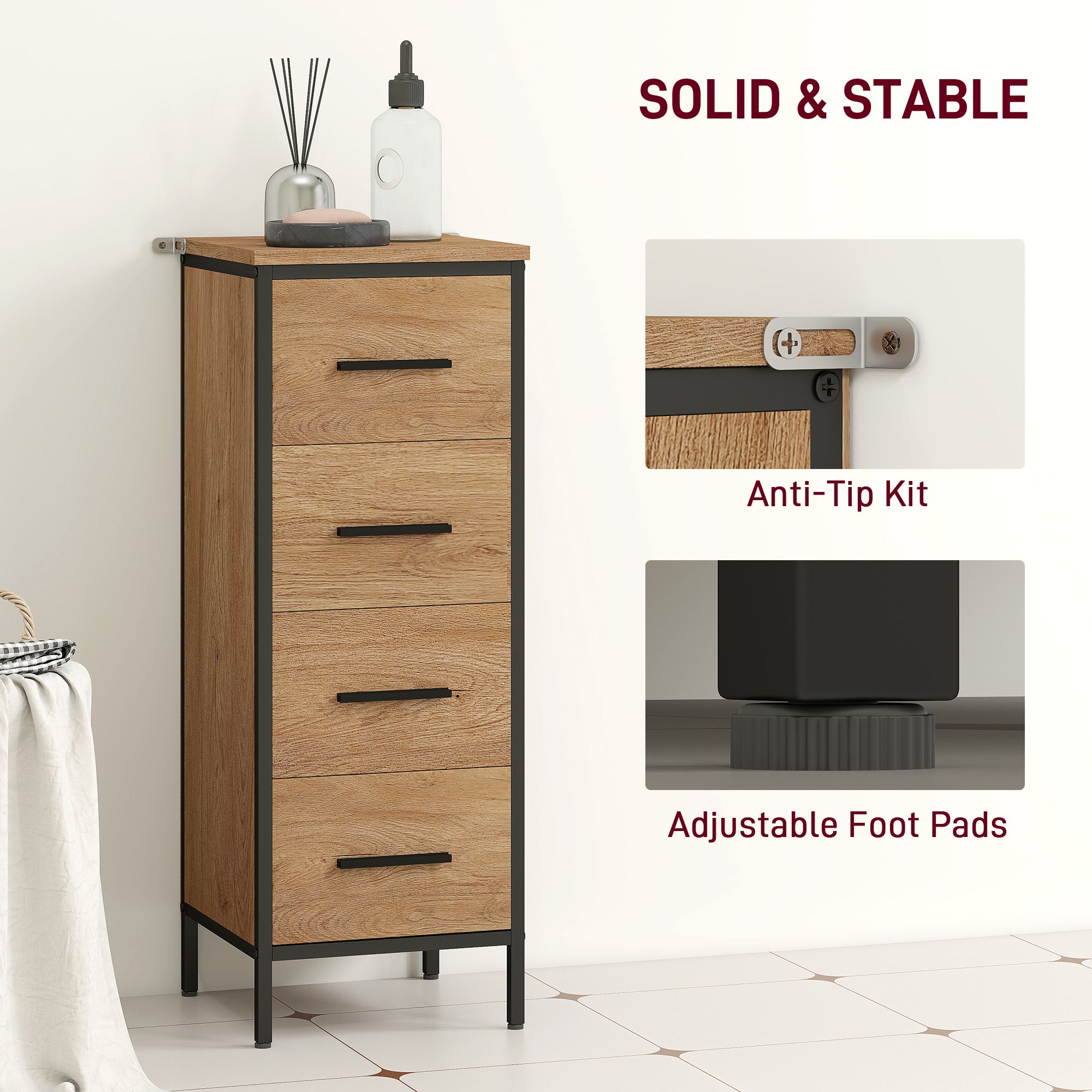 HOMCOM Narrow Bathroom Storage Cabinet with 4 Drawers - Oak - North Peak Garden Furniture
