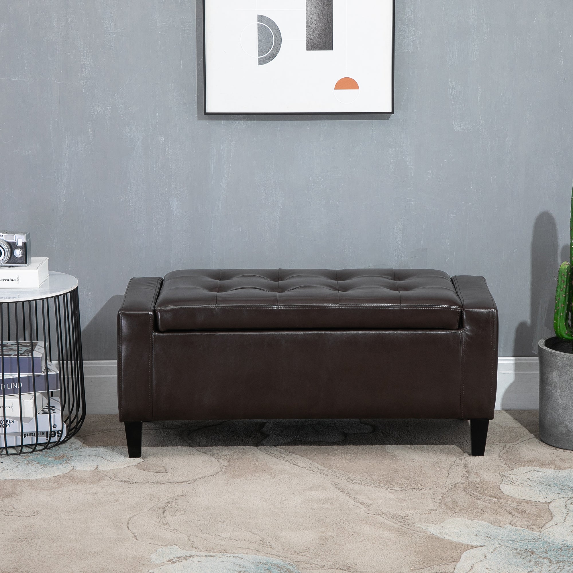 HOMCOM PU Leather Storage Ottoman Bench Storage Chest Tufted Ottoman Cube w/ Flipping Top 92L x 40W x 40H cm Brown - North Peak Garden Furniture