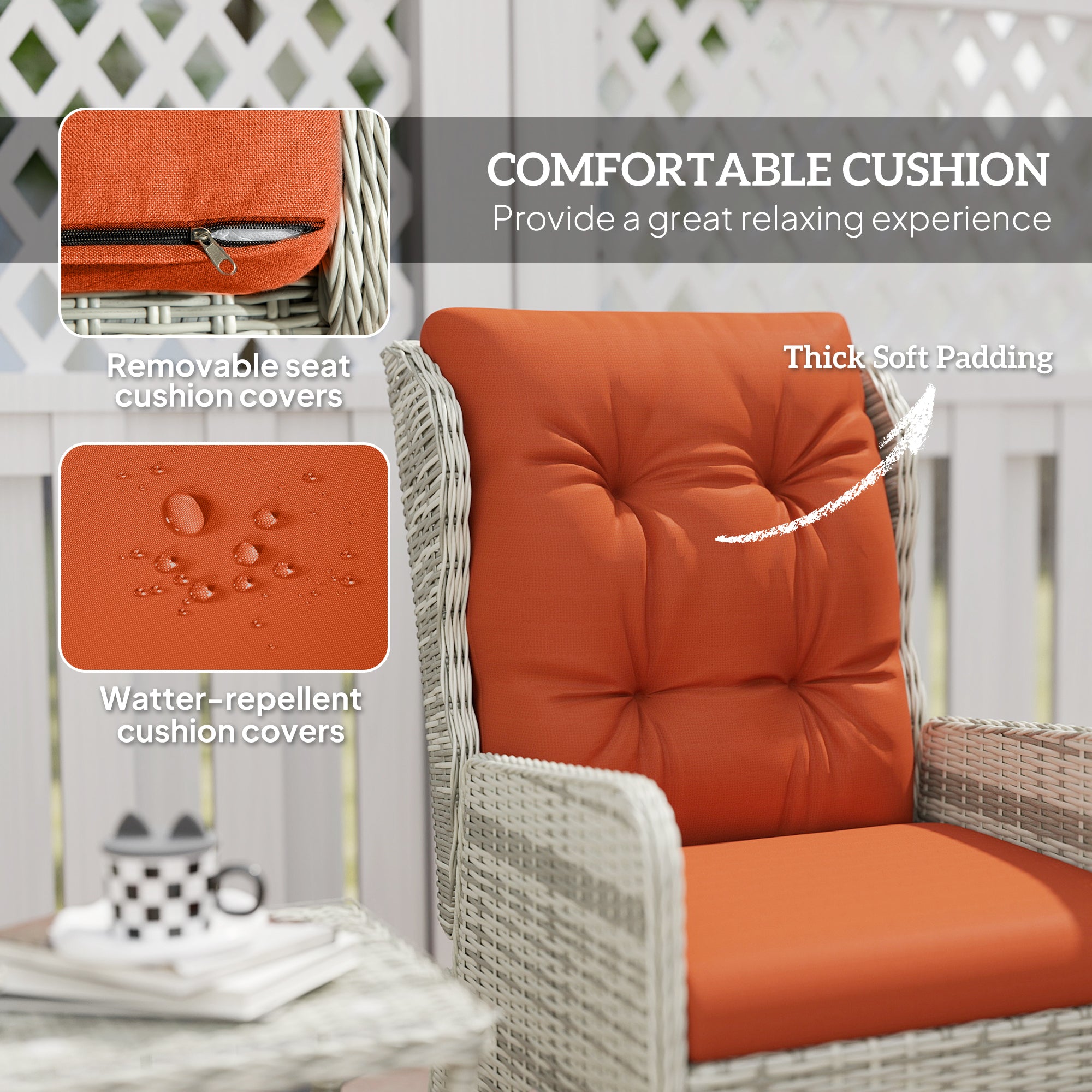 Outsunny 5 Pieces Rattan Bistro Set with Adjustable Back, Reclining Wicker Balcony Furniture with Cushions, Glass Top Coffee Table and Footstools, Outdoor Table and Chairs, Orange