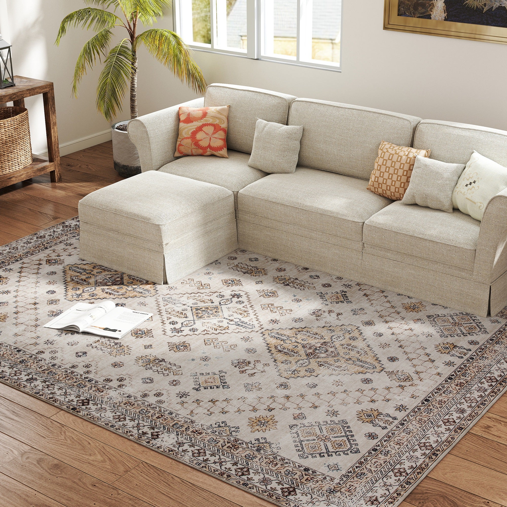 HOMCOM Vintage Area Rug, Non-Slip Washable Rug, Flannel Floor Carpet for Living Room, Bedroom, Dining Room, Home Office, 290 x 200 cm, Beige