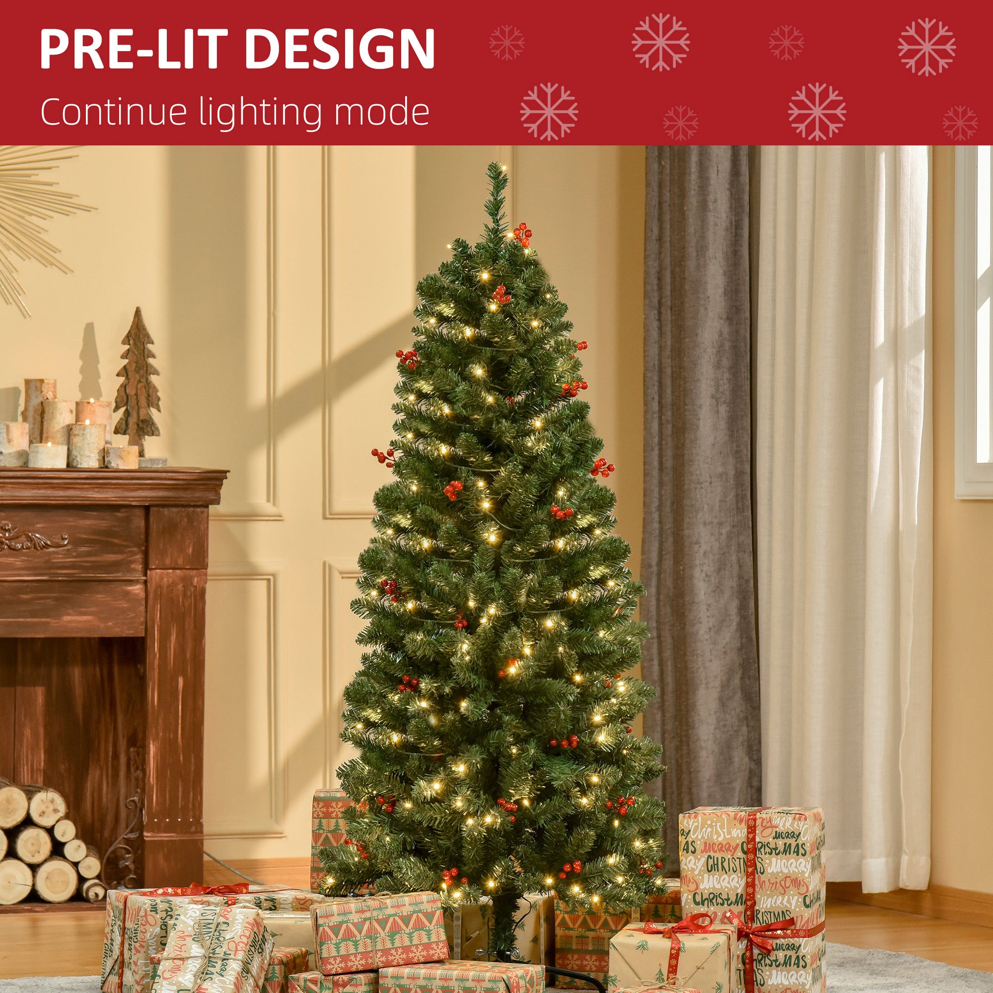 HOMCOM 5FT Prelit Artificial Pencil Christmas Tree with Warm White LED Light, Red Berry, Holiday Home Xmas Decoration, Green - North Peak Garden Furniture