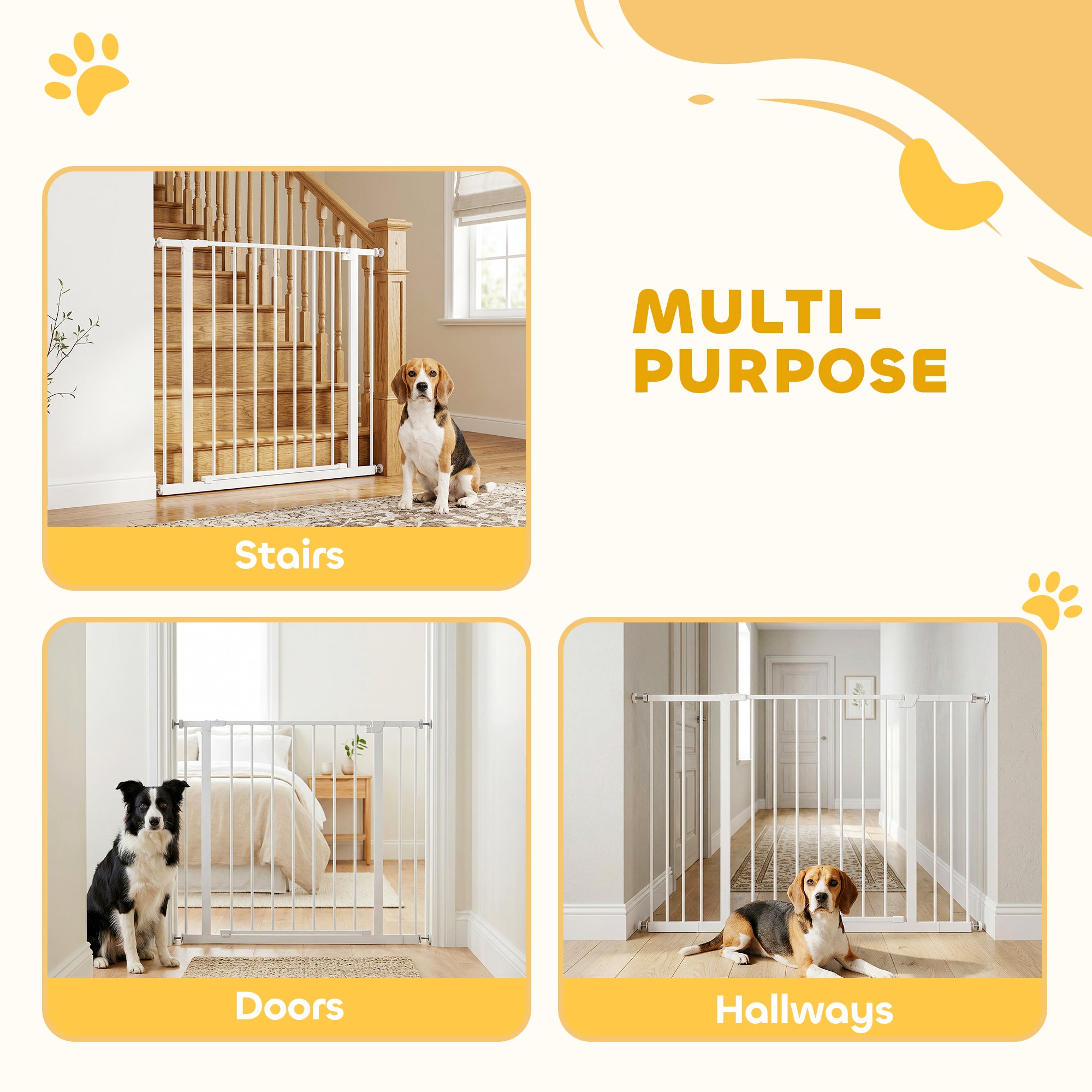 PawHut Dog Gate Pet Safety Gate Stair Barrier Pressure Fit Adjustable 76-82/86-97/101-107 cm, White