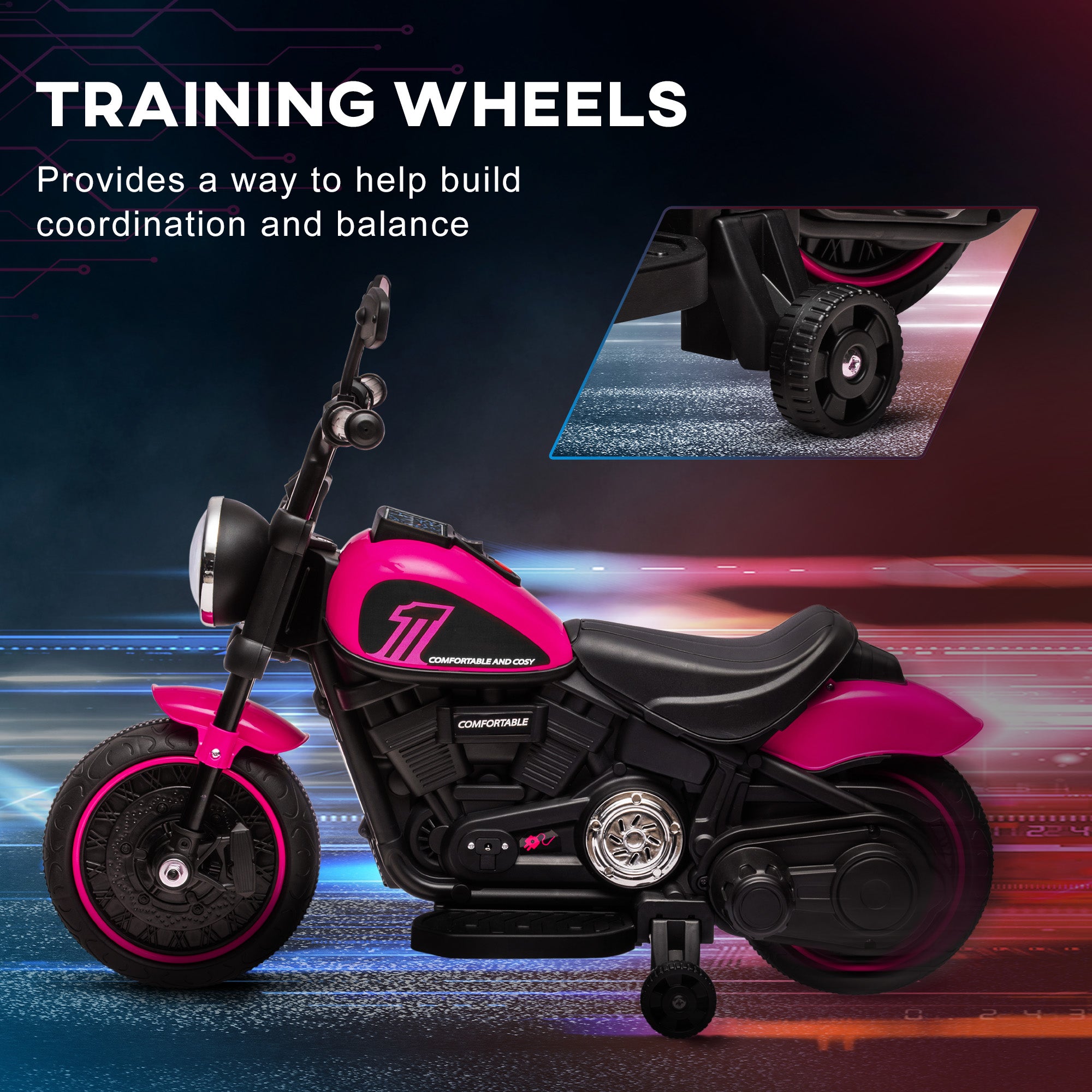 HOMCOM 6v Electric Motorbike with Training Wheels, One-Button Start - Pink