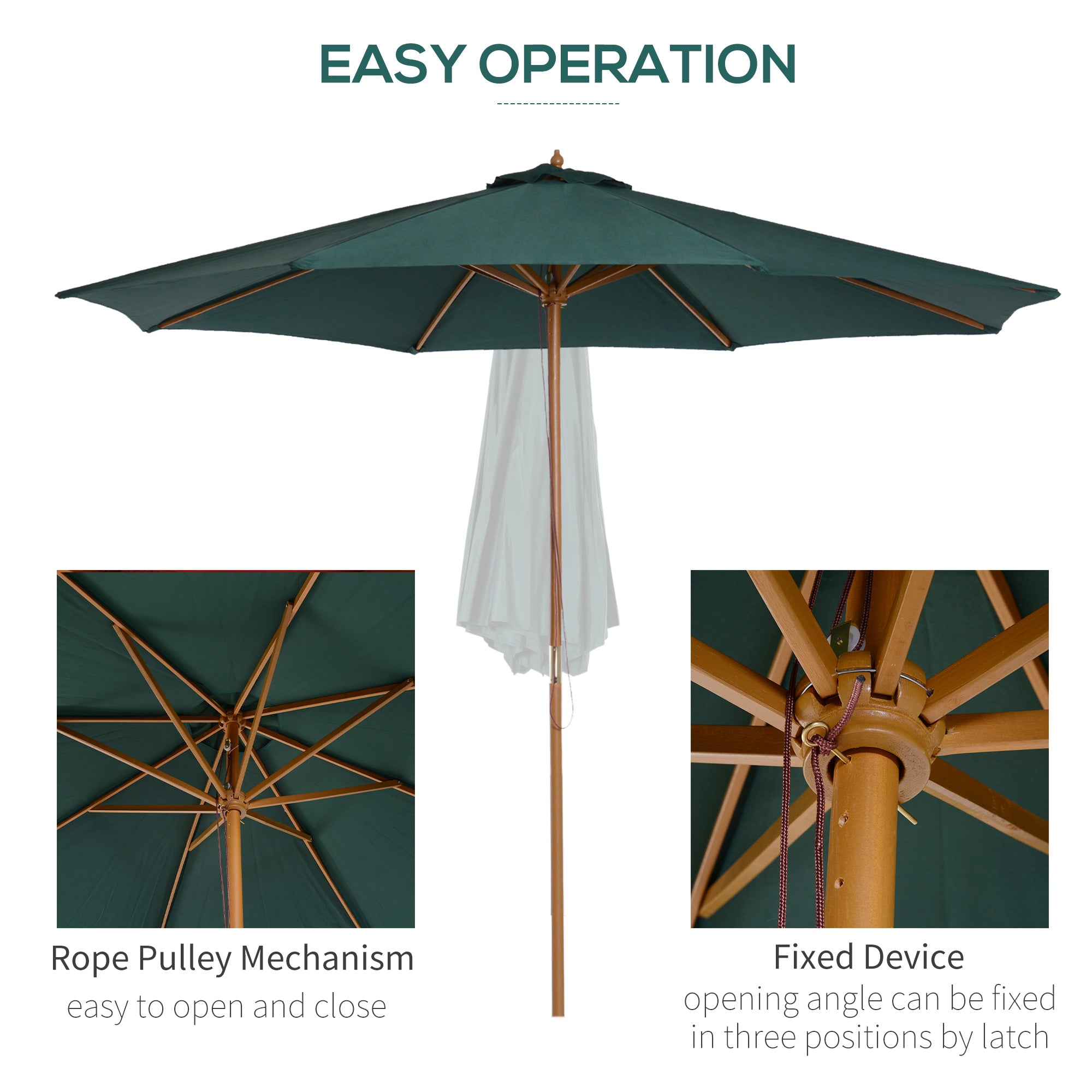Outsunny 3(m) Wooden Patio Umbrella, Pulley Operated Garden Parasol with Rope Pulley Mechanism and 8 Ribs, Dark Green - North Peak Garden Furniture