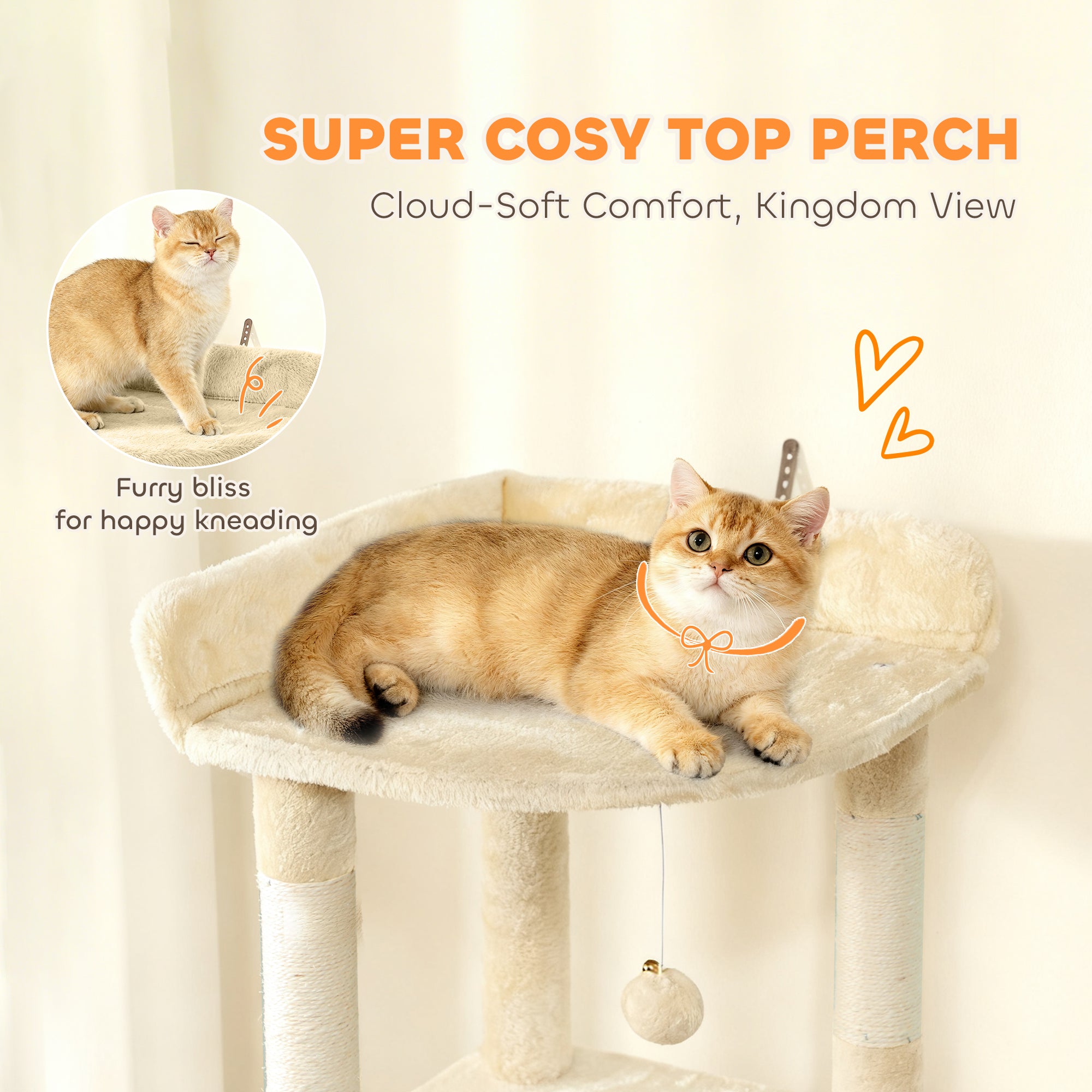 PawHut 170 cm Large Cat Tree, Cat Tower with 7 Scratching Posts, Tunnel, 2 Condos, Hammock, Perch, Ramp, Pompoms, Beige