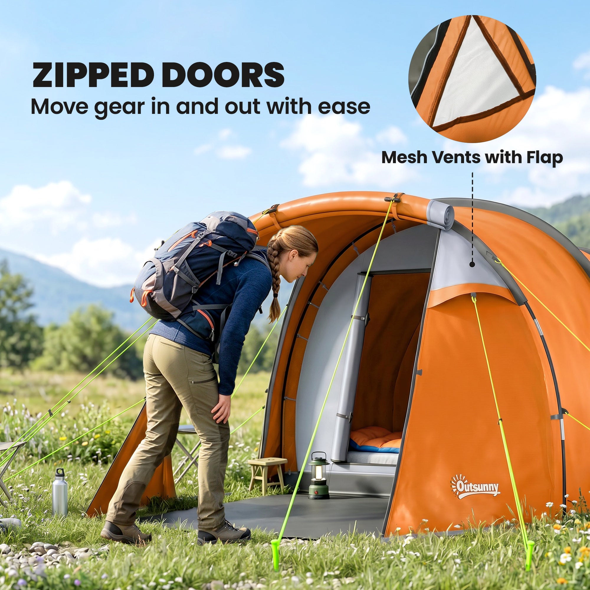 Outsunny 2-3 Man Tunnel Tents w/ Vestibule Camping Tent Porch Air Vents Weather-Resistant Shelter, Orange