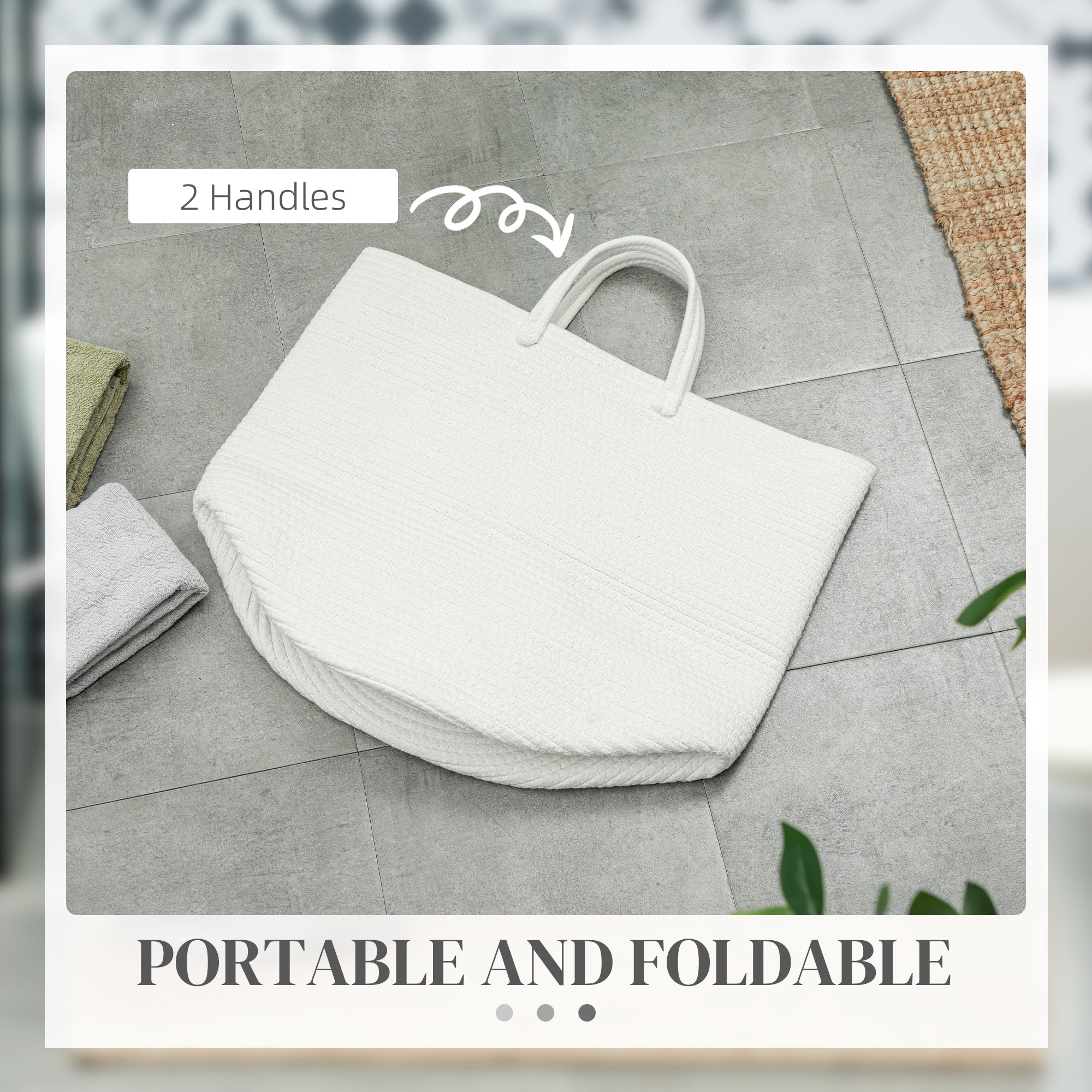 HOMCOM 36L Cotton Rope Laundry Basket, with Handles - Cream White - North Peak Garden Furniture