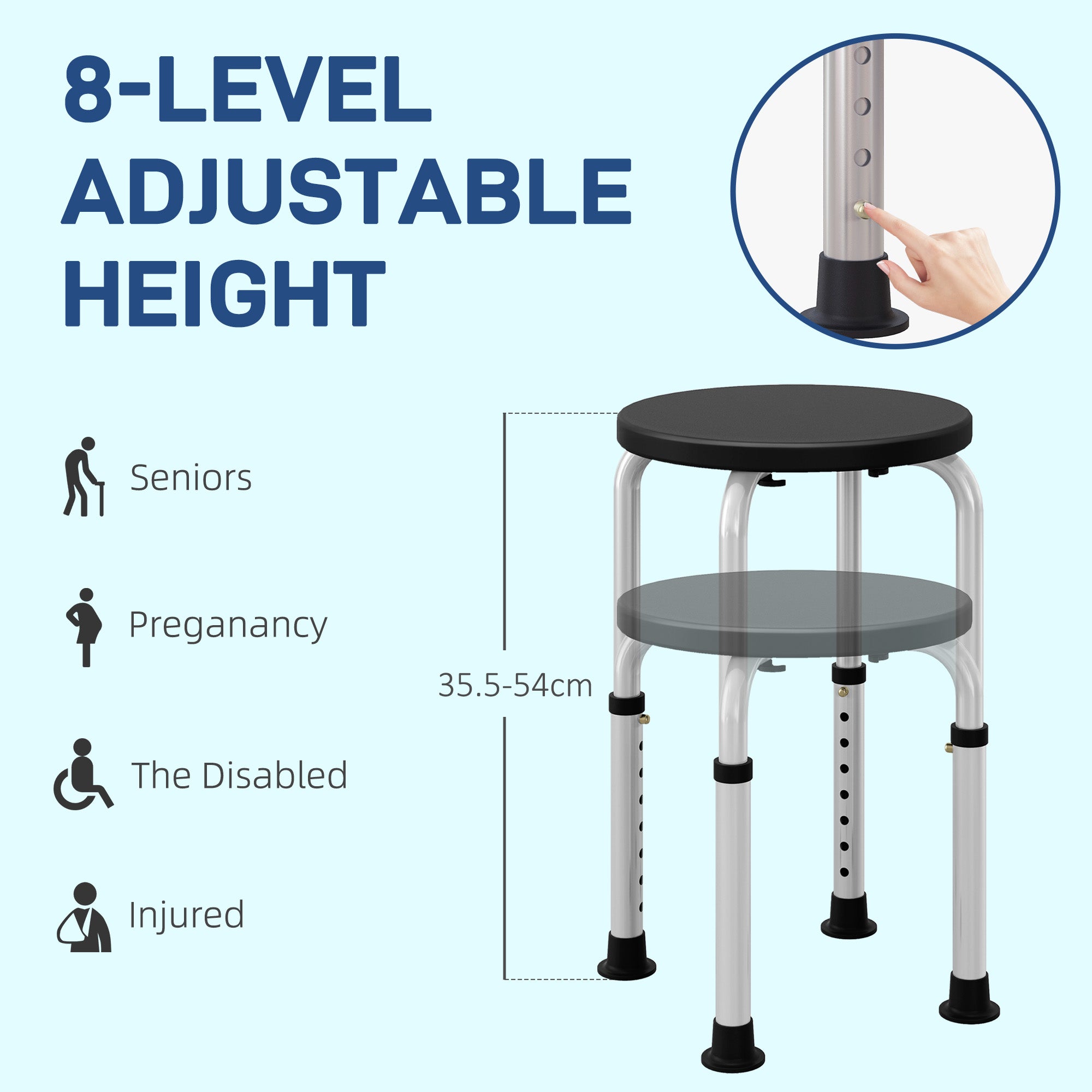 HOMCOM Shower Chair, Height Adjustable Aluminium Shower Stool with Non-Slip Feet for Disabled, Elderly, Black - North Peak Garden Furniture